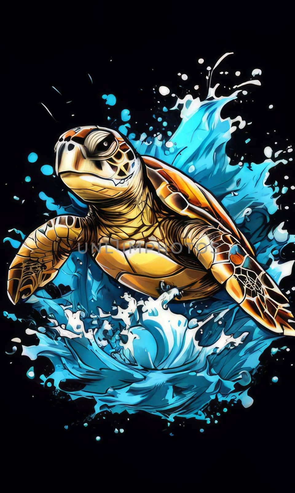 Turtle swimming in ocean, peacefully navigates its underwater world. For Tshirt design, fashion, clothing design, posters, postcards, other merchandise with marine theme, childrens books, tourism