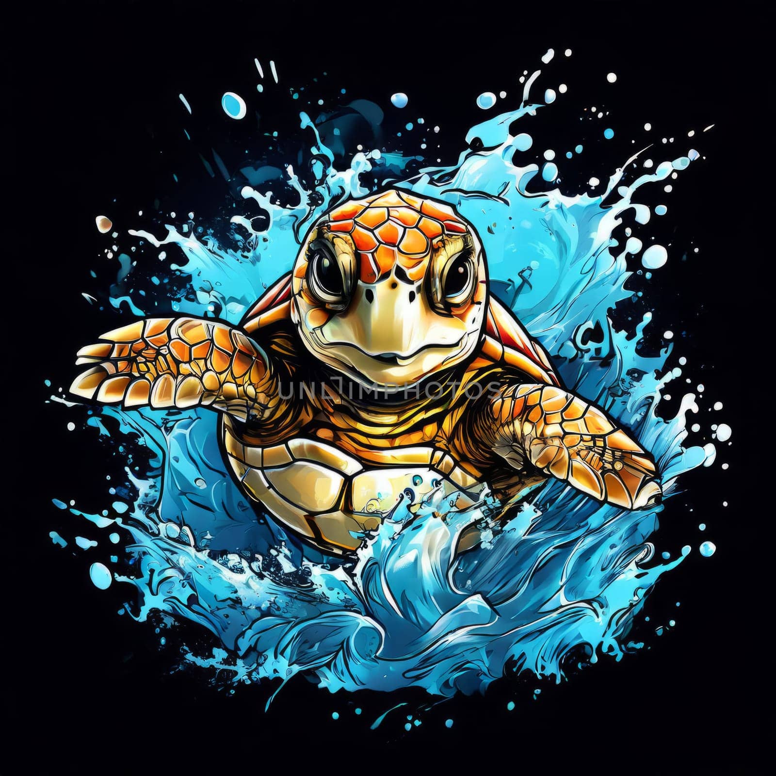 Turtle swimming in ocean, peacefully navigates its underwater world. For Tshirt design, fashion, clothing design, posters, postcards, other merchandise with marine theme, childrens books, tourism