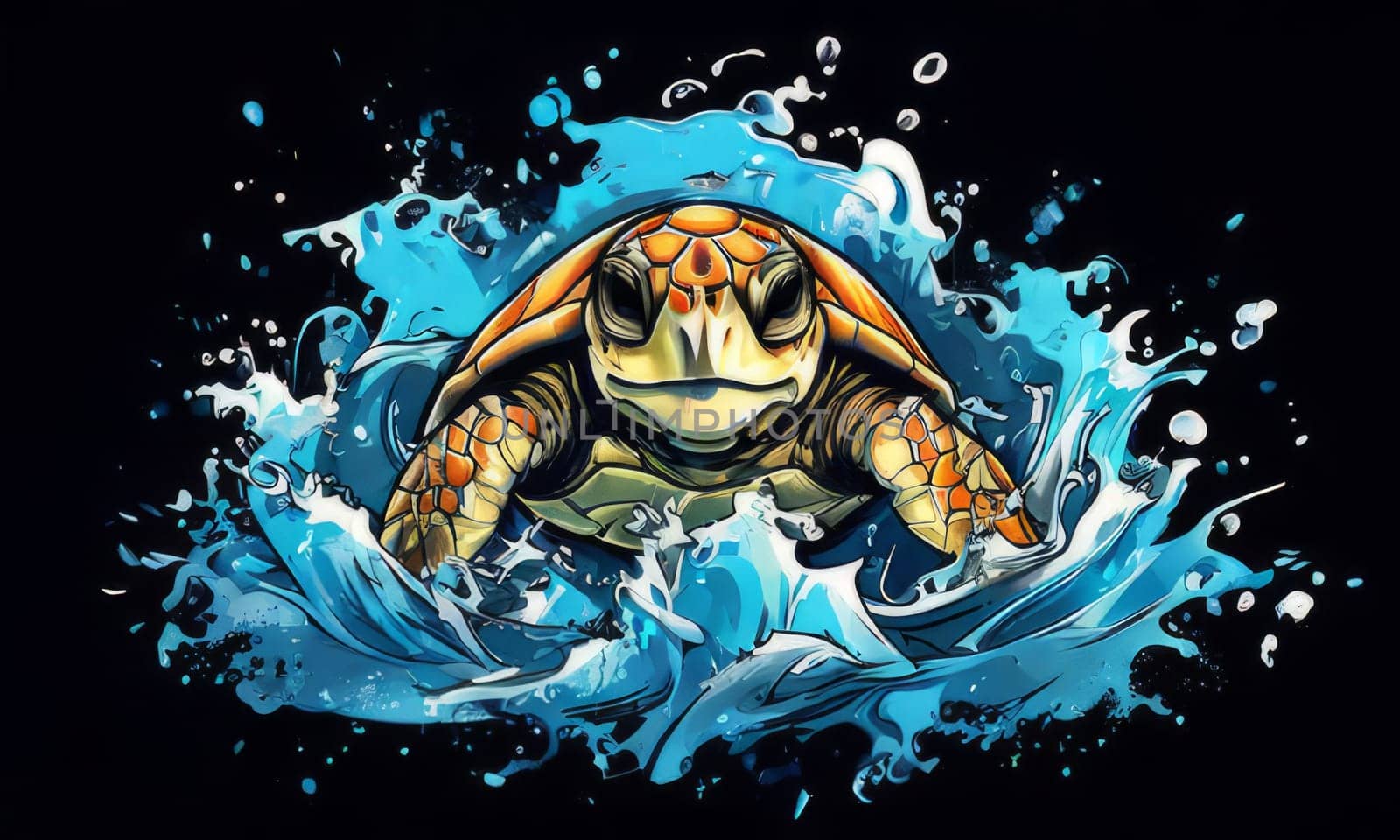 Turtle swimming in ocean, peacefully navigates its underwater world. For Tshirt design, fashion, clothing design, posters, postcards, other merchandise with marine theme, childrens books, tourism. by Angelsmoon