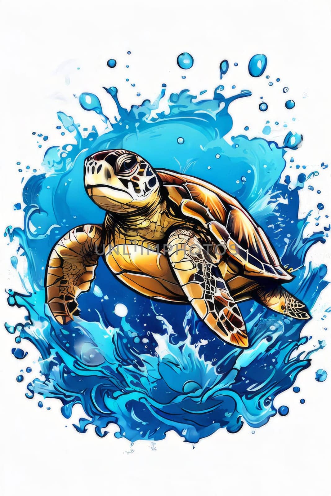 Turtle swimming in ocean, peacefully navigates its underwater world. For Tshirt design, fashion, clothing design, posters, postcards, other merchandise with marine theme, childrens books, tourism