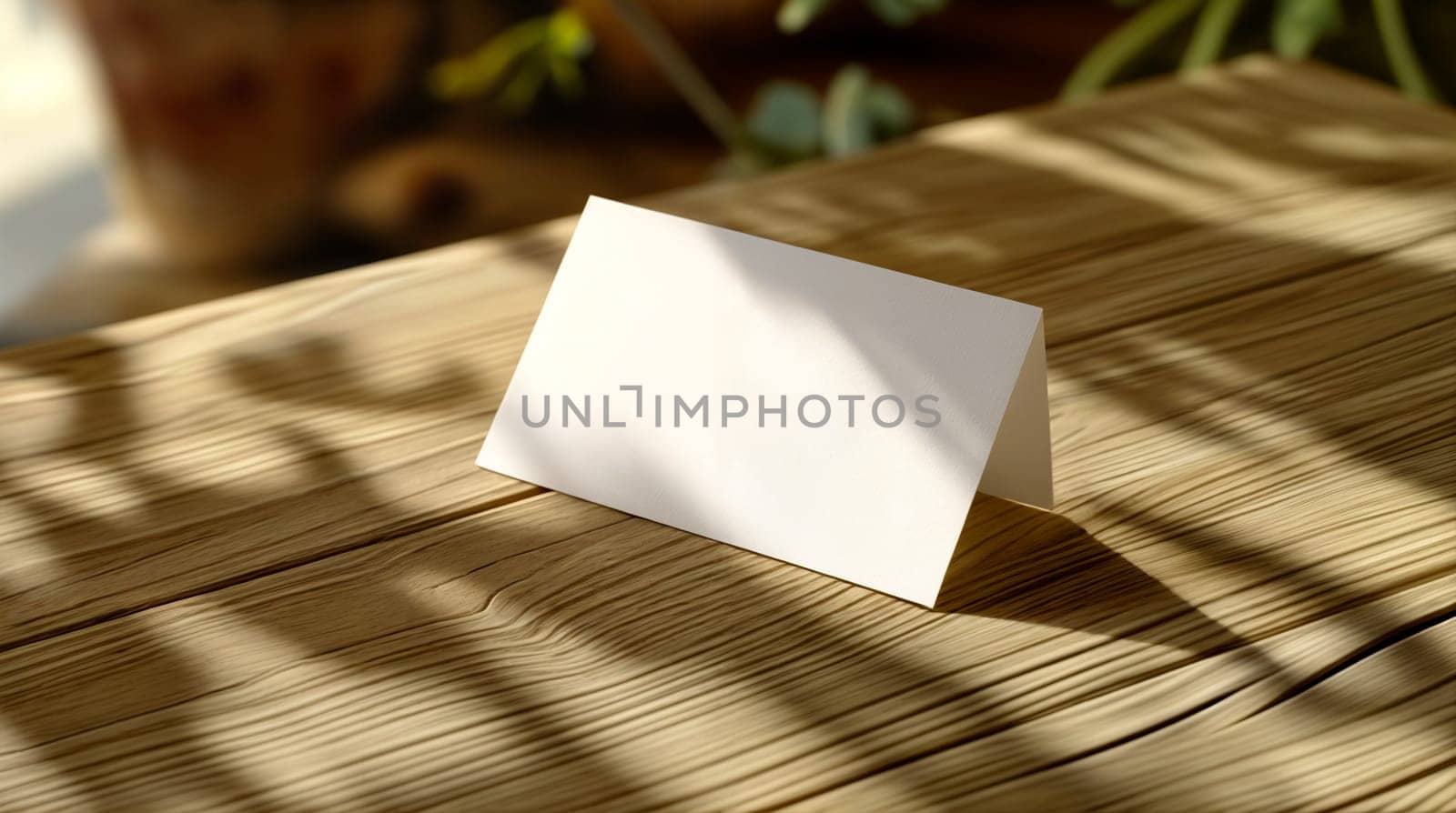 An elegant, blank white business card mockup on a textured wooden table with shadows from natural sunlight creating a professional and creative presentation - Generative AI