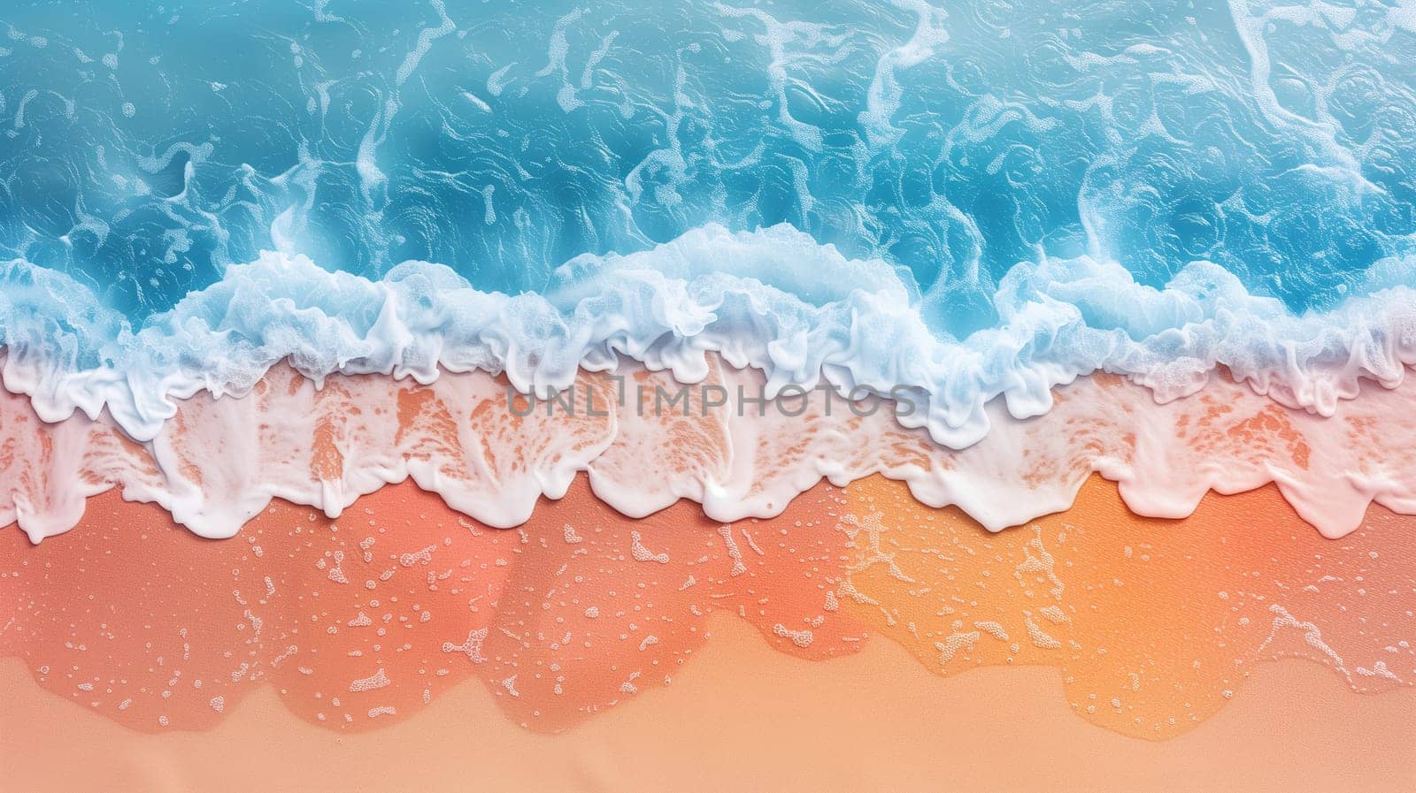 Soft waves with frothy crests roll onto a smooth, sandy shore, tinged with the warm hues of a setting sun - Generative AI