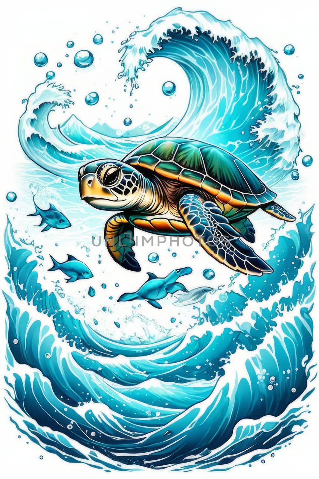 Turtle swimming in ocean, peacefully navigates its underwater world. For Tshirt design, fashion, clothing design, posters, postcards, other merchandise with marine theme, childrens books, tourism. by Angelsmoon