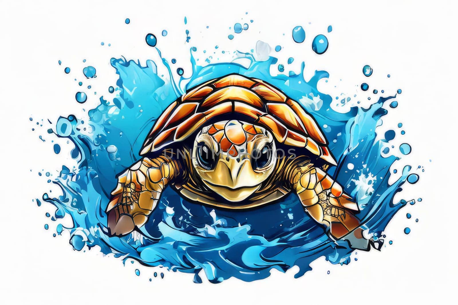 Turtle swimming in ocean, peacefully navigates its underwater world. For Tshirt design, fashion, clothing design, posters, postcards, other merchandise with marine theme, childrens books, tourism