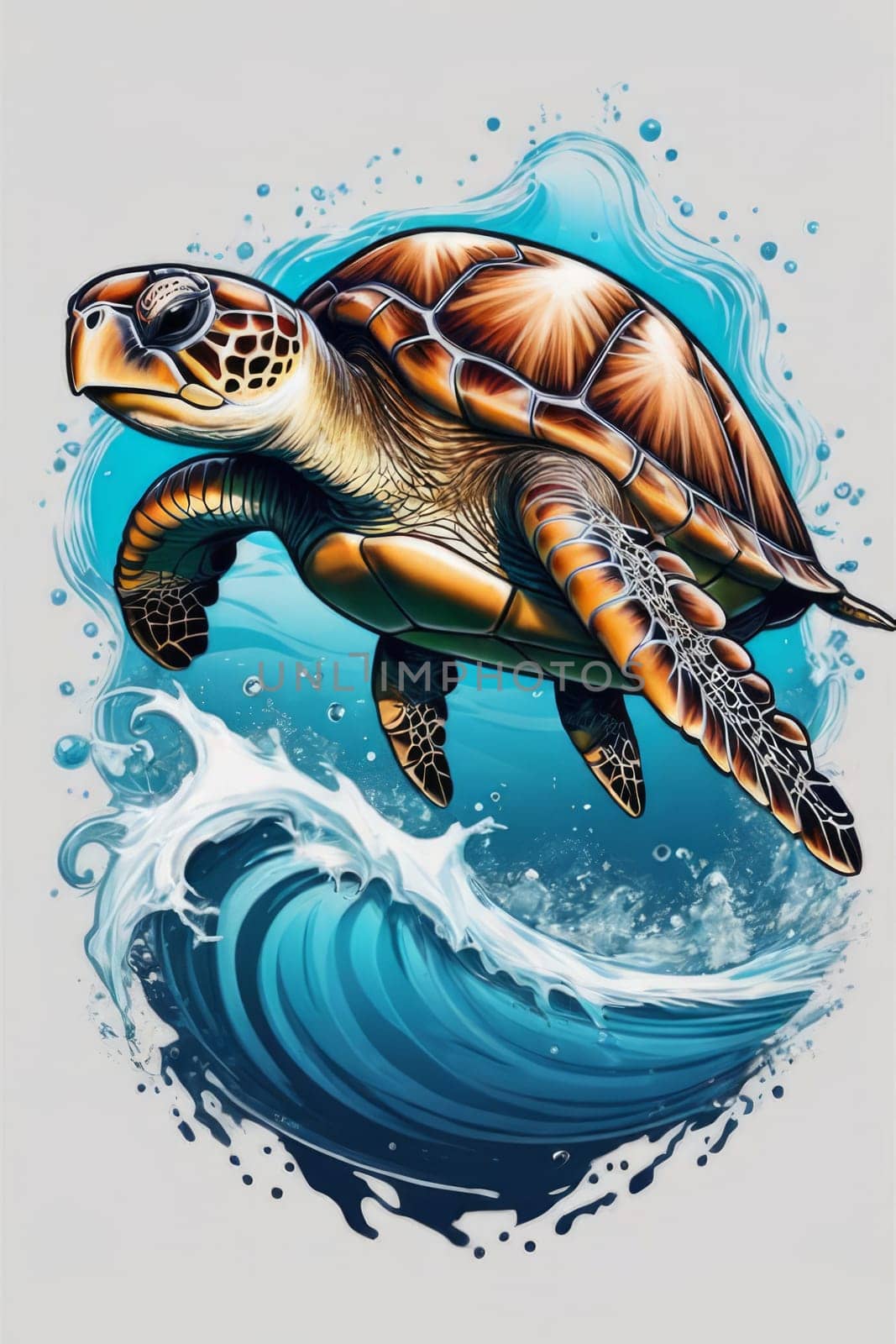 Turtle swimming in ocean, peacefully navigates its underwater world. For Tshirt design, fashion, clothing design, posters, postcards, other merchandise with marine theme, childrens books, tourism. by Angelsmoon