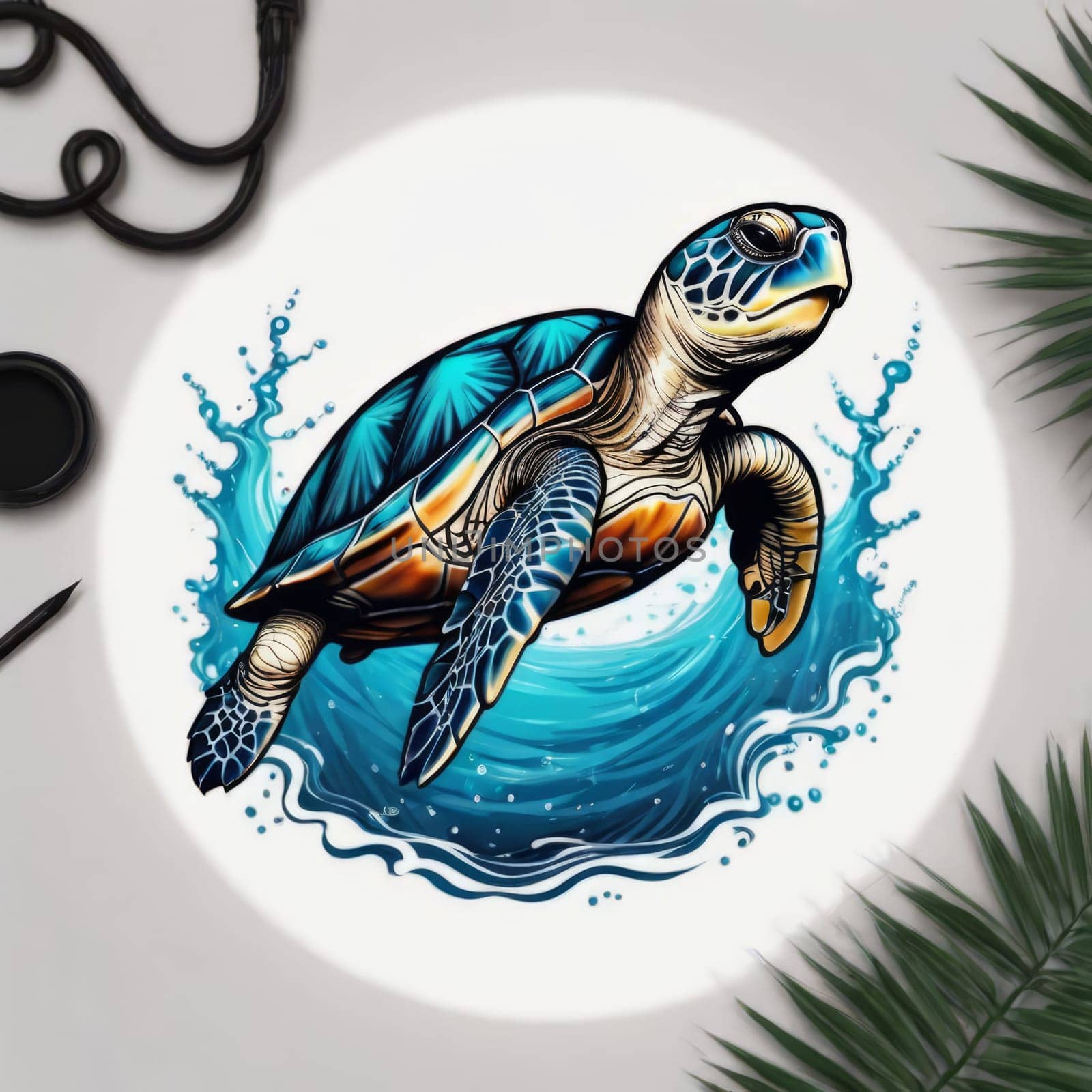 Turtle swimming in ocean, peacefully navigates its underwater world. For Tshirt design, fashion, clothing design, posters, postcards, other merchandise with marine theme, childrens books, tourism