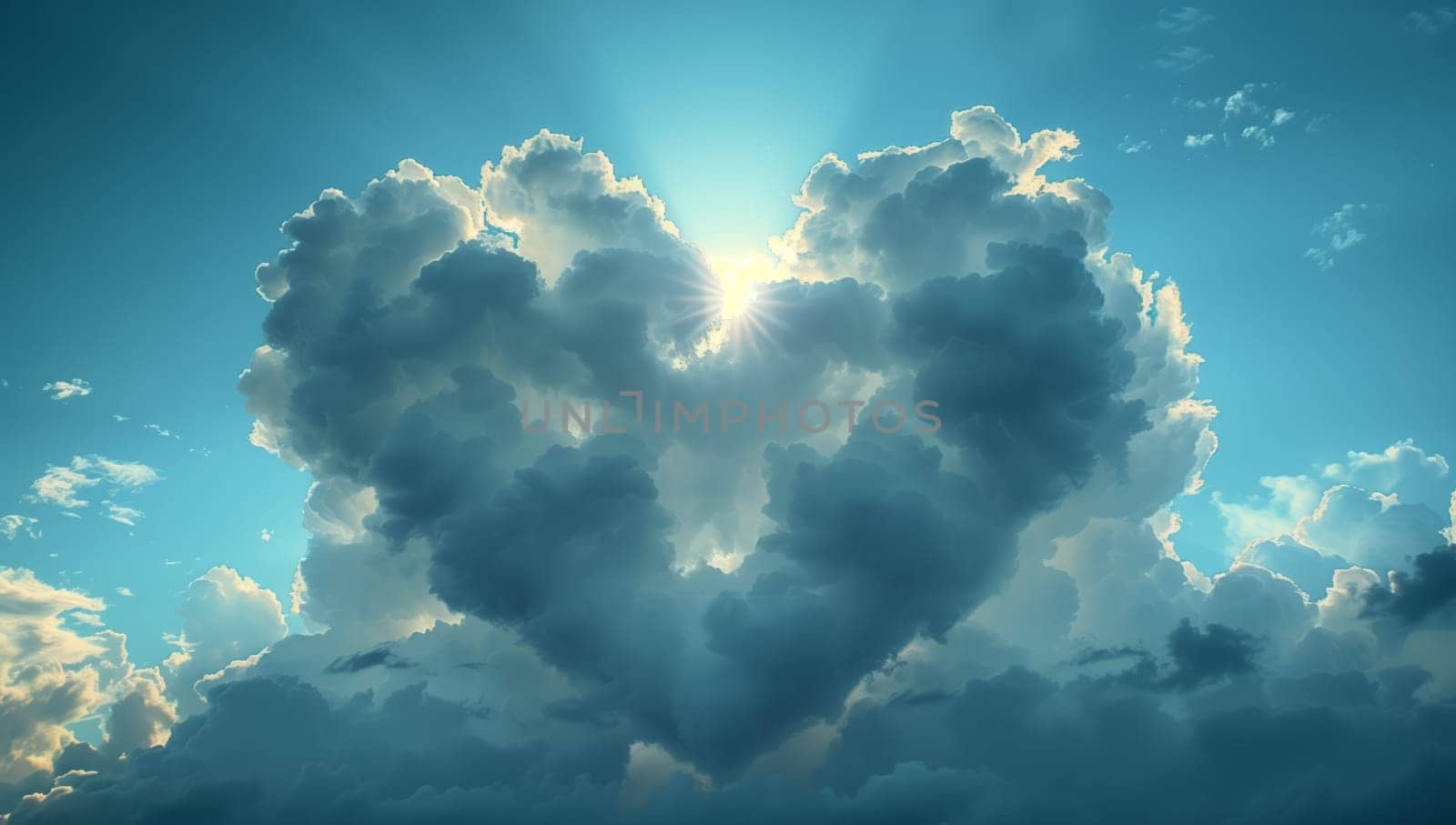 A heartshaped cumulus cloud fills the sky, with the sun shining through, creating a stunning natural landscape against the electric blue atmosphere