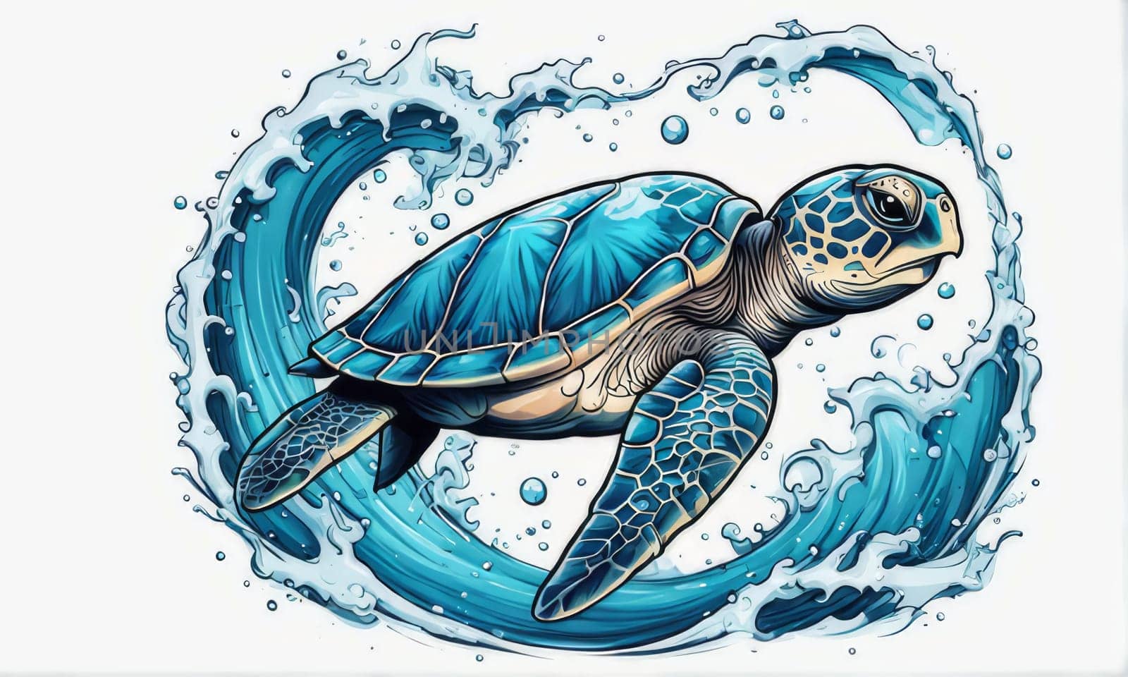 Turtle swimming in ocean, peacefully navigates its underwater world. For Tshirt design, fashion, clothing design, posters, postcards, other merchandise with marine theme, childrens books, tourism