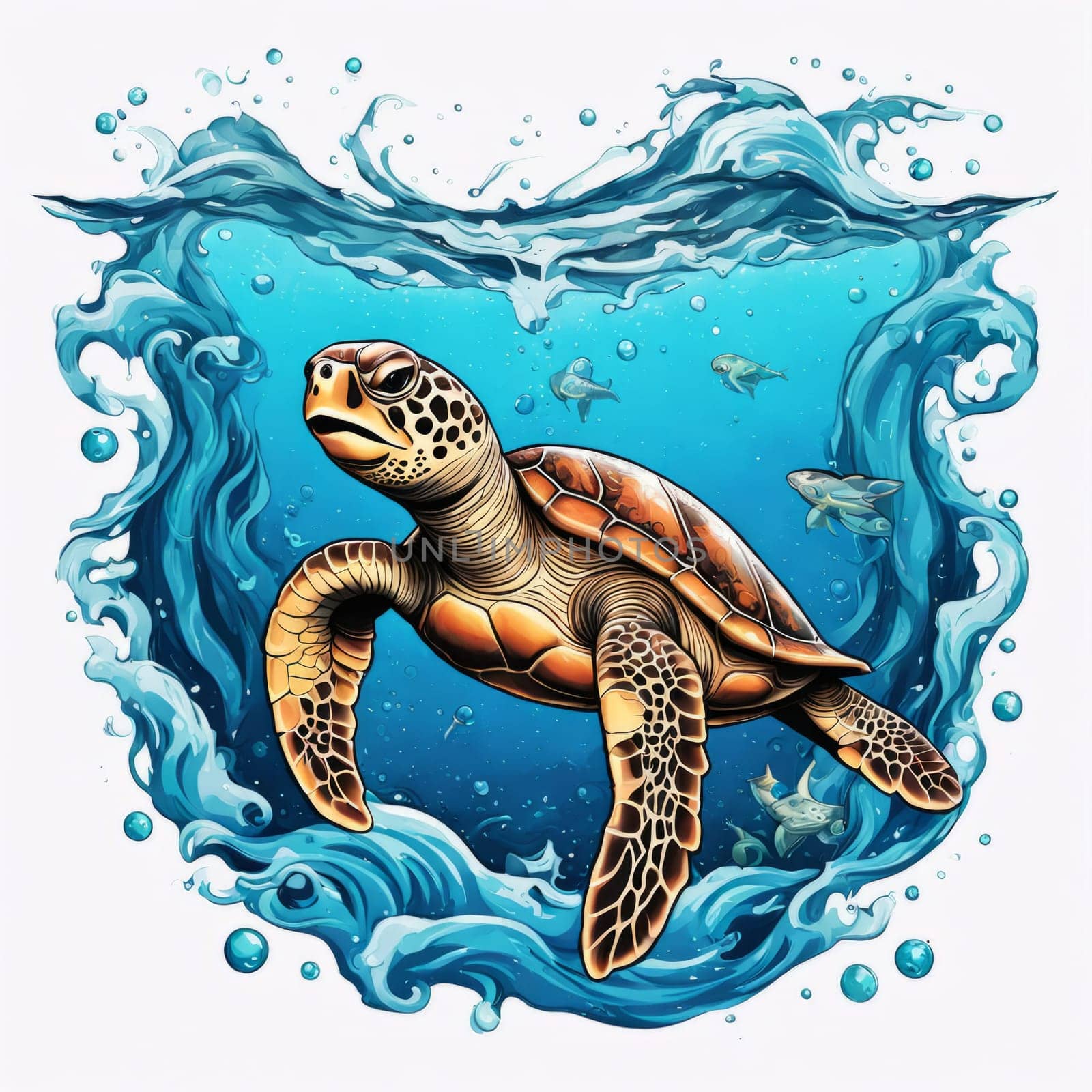 Turtle swimming in ocean, peacefully navigates its underwater world. For Tshirt design, fashion, clothing design, posters, postcards, other merchandise with marine theme, childrens books, tourism