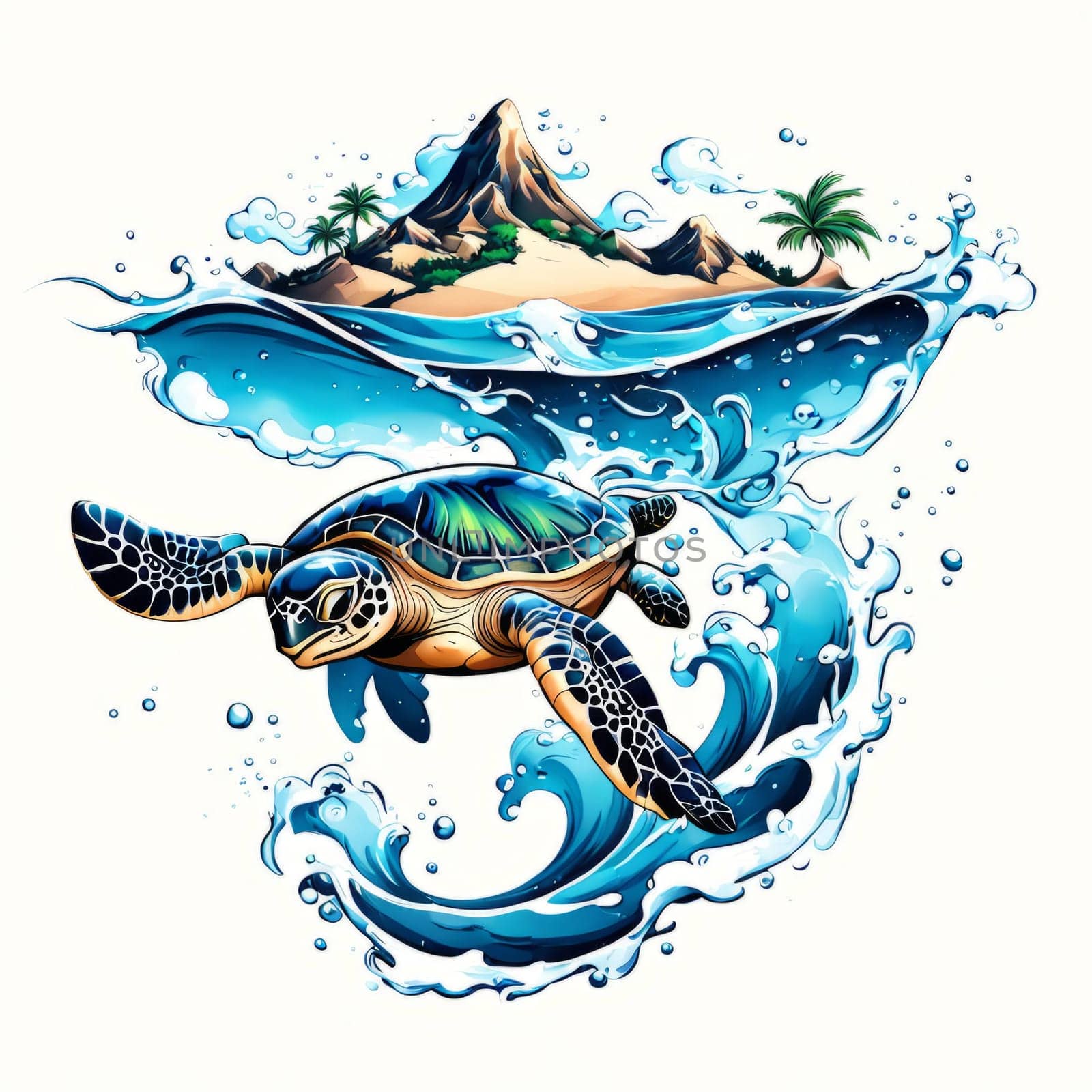 Turtle swimming in ocean, peacefully navigates its underwater world. For Tshirt design, fashion, clothing design, posters, postcards, other merchandise with marine theme, childrens books, tourism