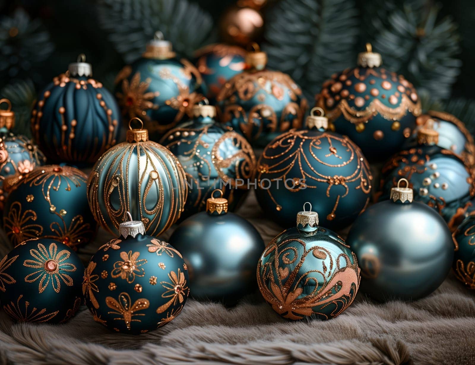 A collection of Christmas ornaments, including glass beads and aquacolored decorations, are displayed on top of a festive blanket