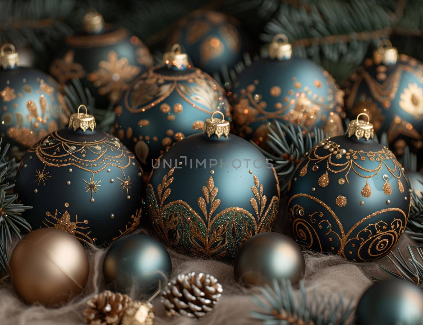 A variety of Christmas ornaments, including balls and pine cones, are displayed on a table as part of holiday decorations