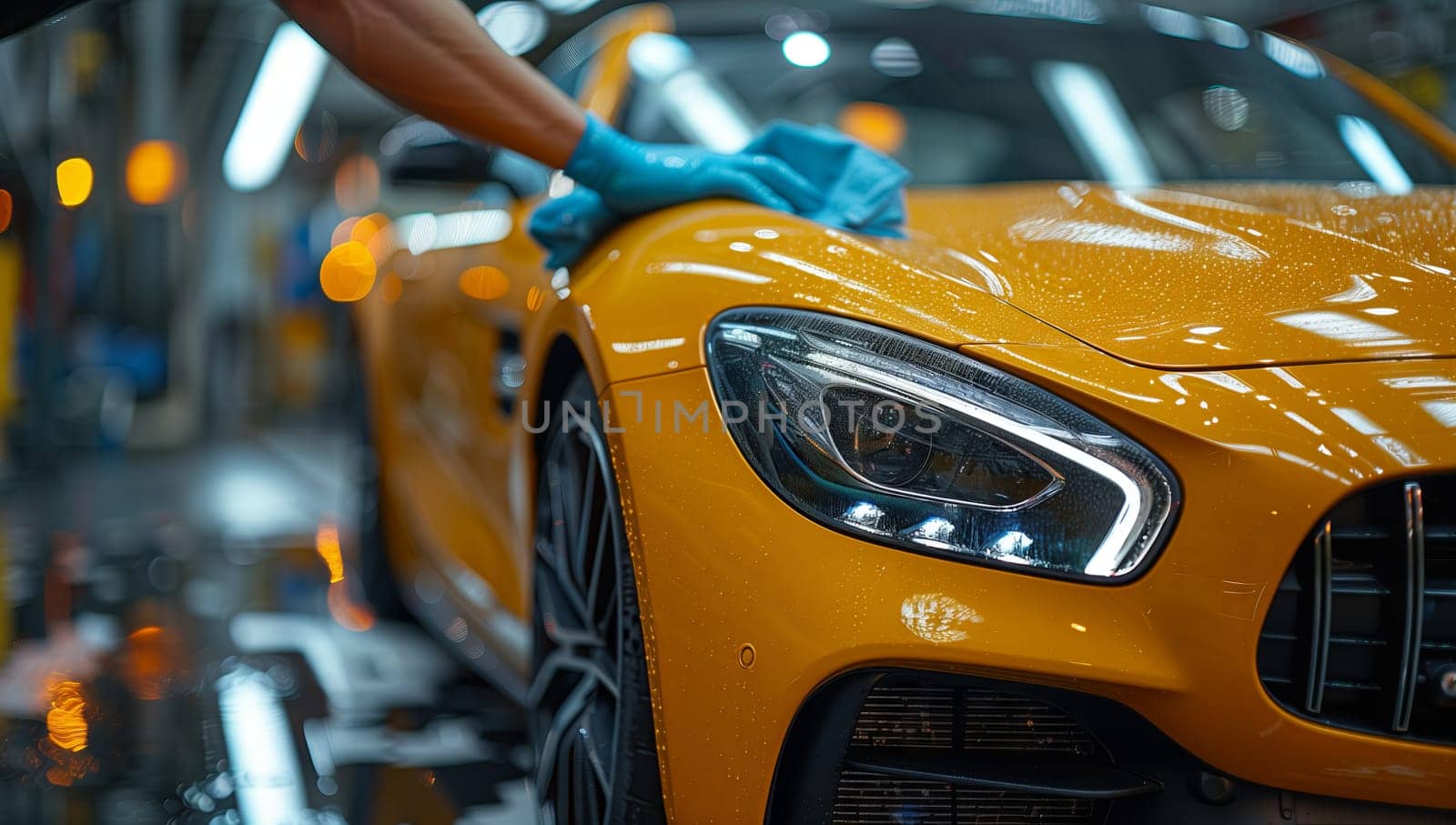 A person is wiping down a yellow sports car, cleaning the automotive exterior of the vehicle with a towel