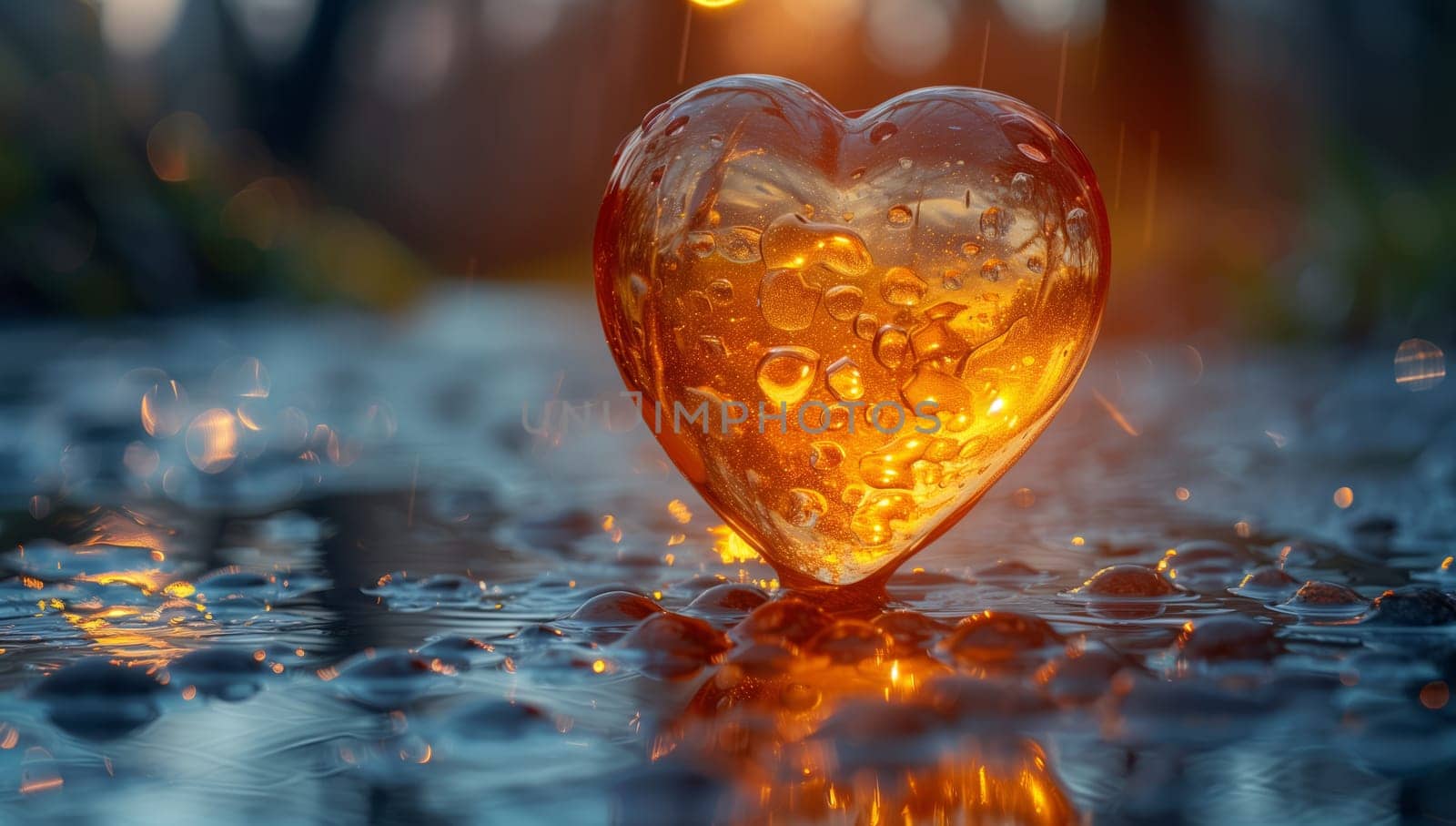 An amber glass heart rests on a fluid surface, creating a captivating display of reflections. This macro photography captures the beauty of water and light meeting in harmony