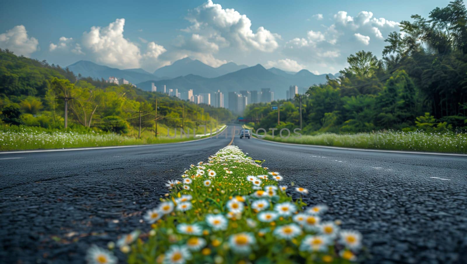 A road lined with colorful flowers, surrounded by majestic mountains and under a cloudy sky. The asphalt blends with natures beauty in this natural landscape