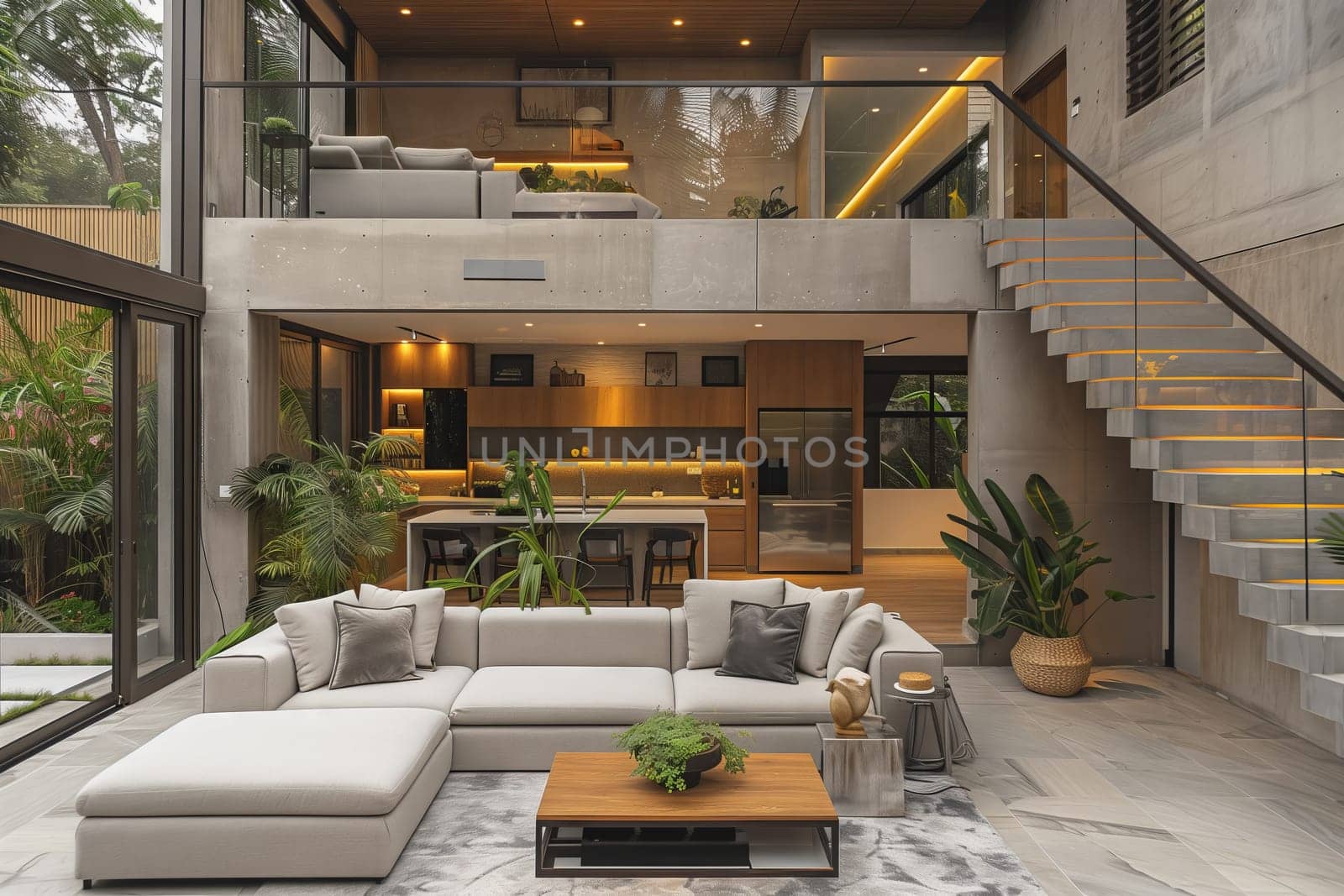 Modern house featuring a living room with a sleek couch and stylish stairs. This property boasts contemporary interior design with ample lighting fixtures and large windows