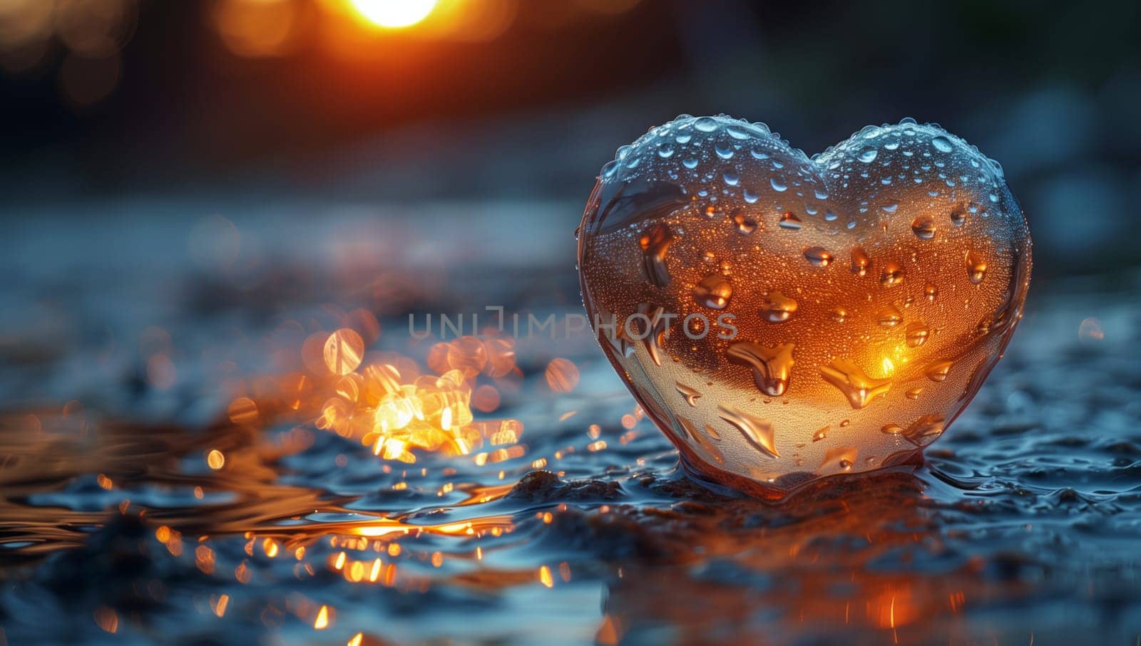 A glass heart, shimmering with water drops, rests on the ground under a cloudy sky. The fluid inside glistens in the light, capturing a moment of beauty in the natural landscape