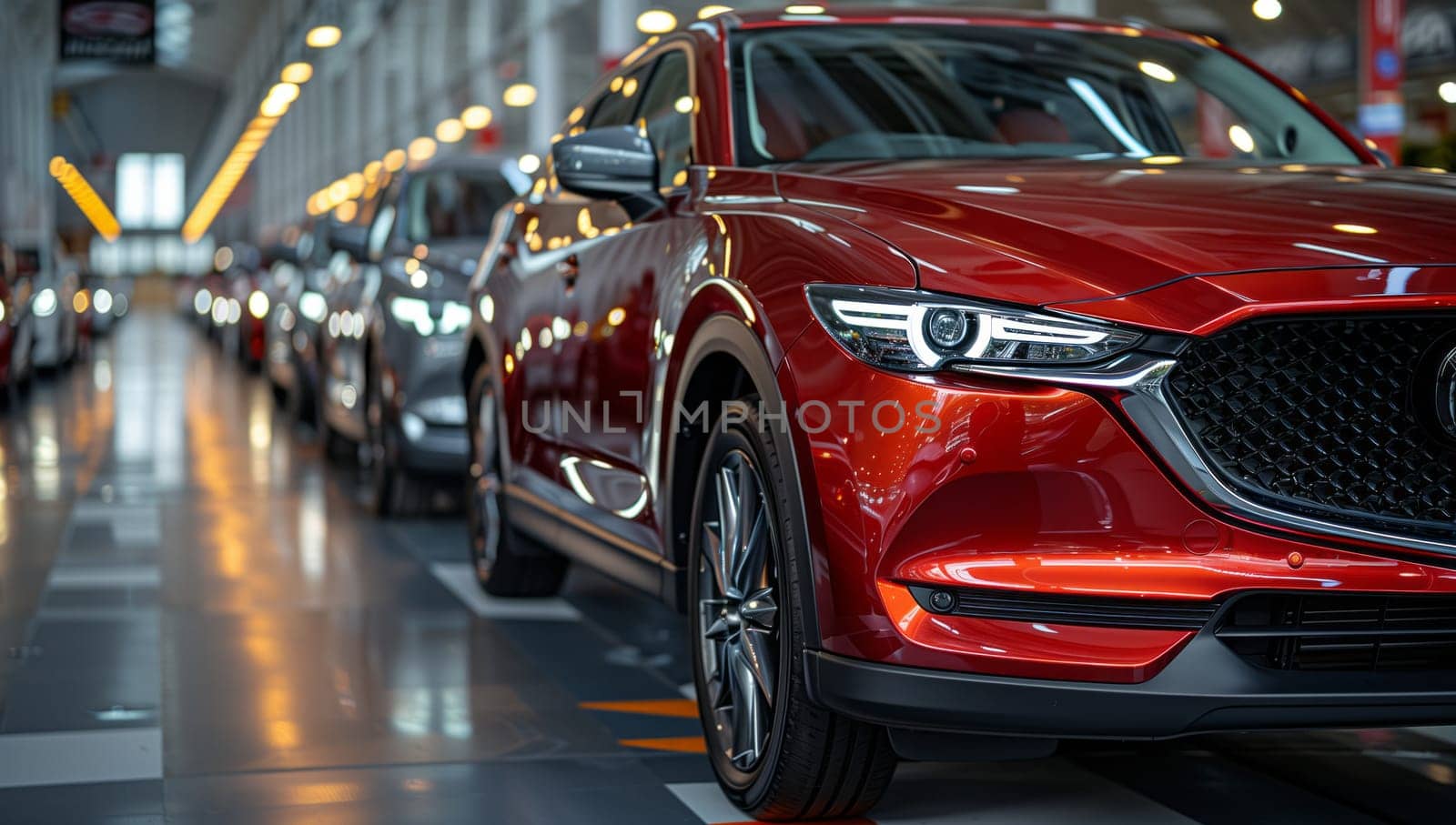 A line of red cars, with shiny wheels and tires, are lined up in the factory. The vehicles have sleek hoods, automotive lighting, grilles, and are ready to hit the road