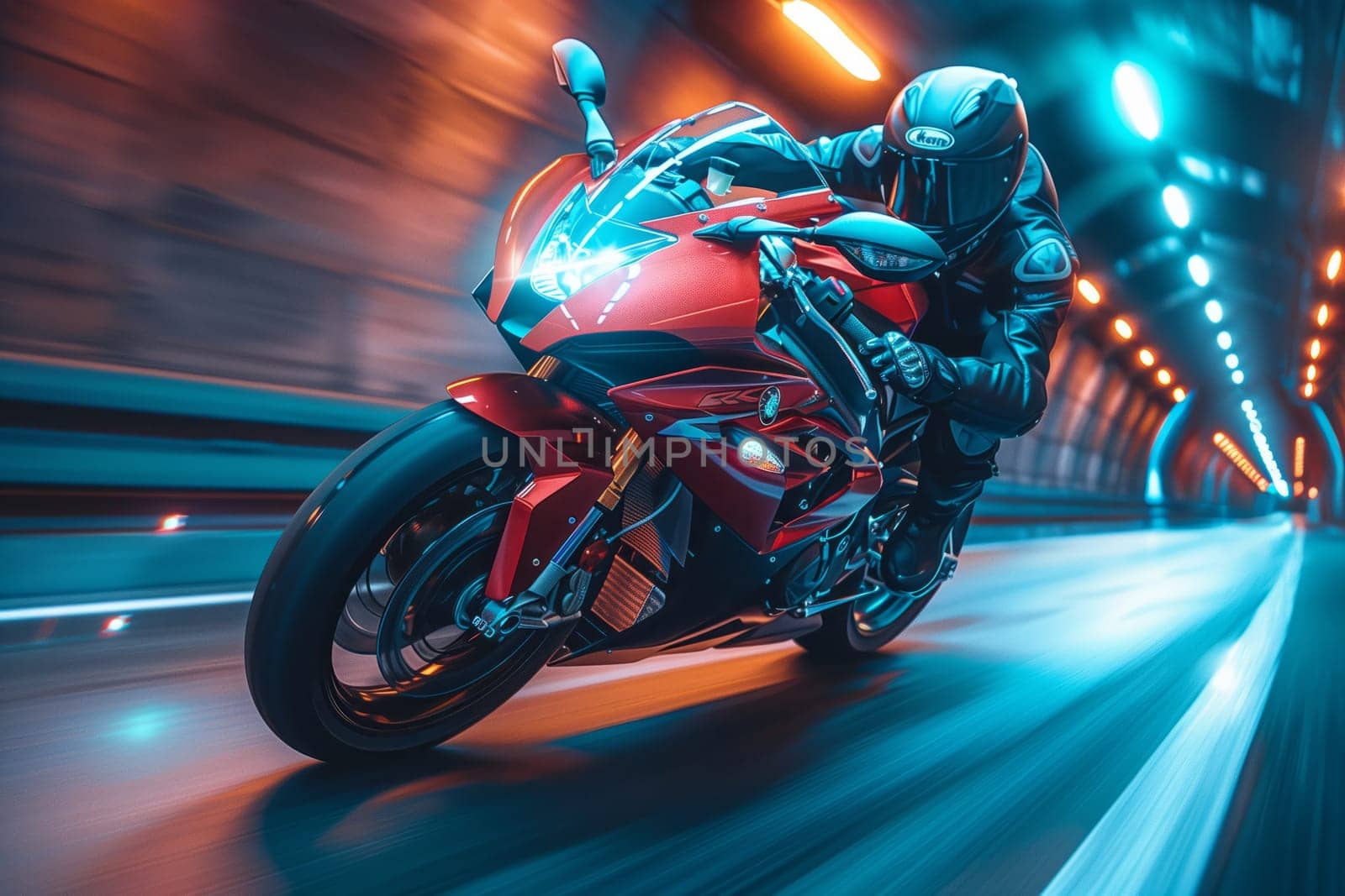 A man is riding a motorcycle through a dark tunnel at night, with the automotive tire rolling on the rim and the automotive lighting illuminating the way