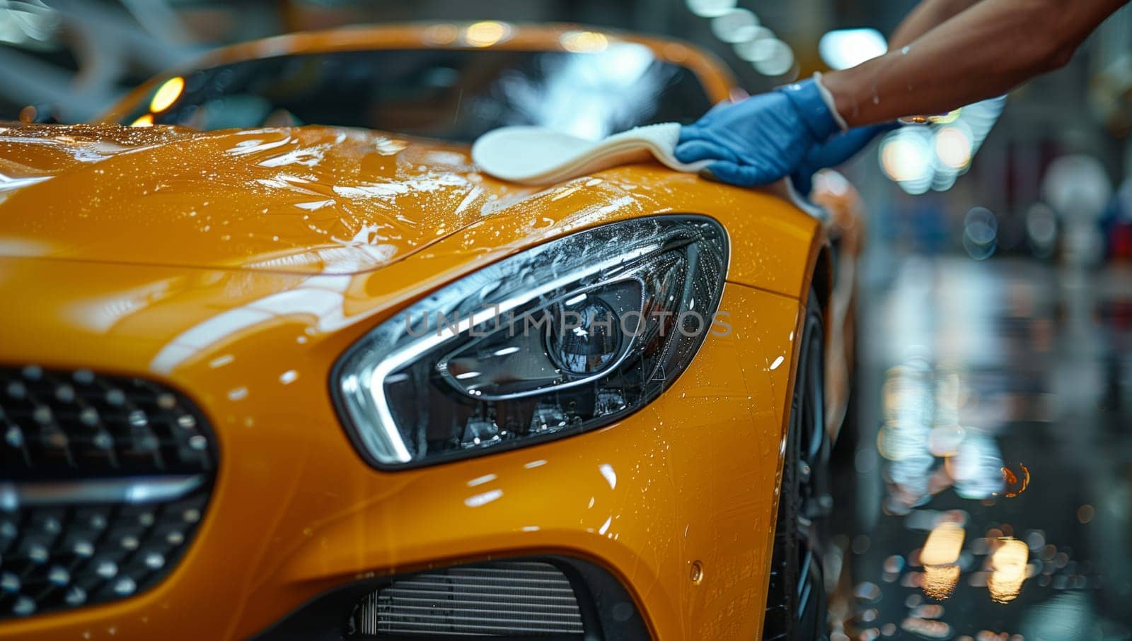 A person is using a sponge to clean the yellow cars automotive exterior, including the hood, bumper, and headlamps