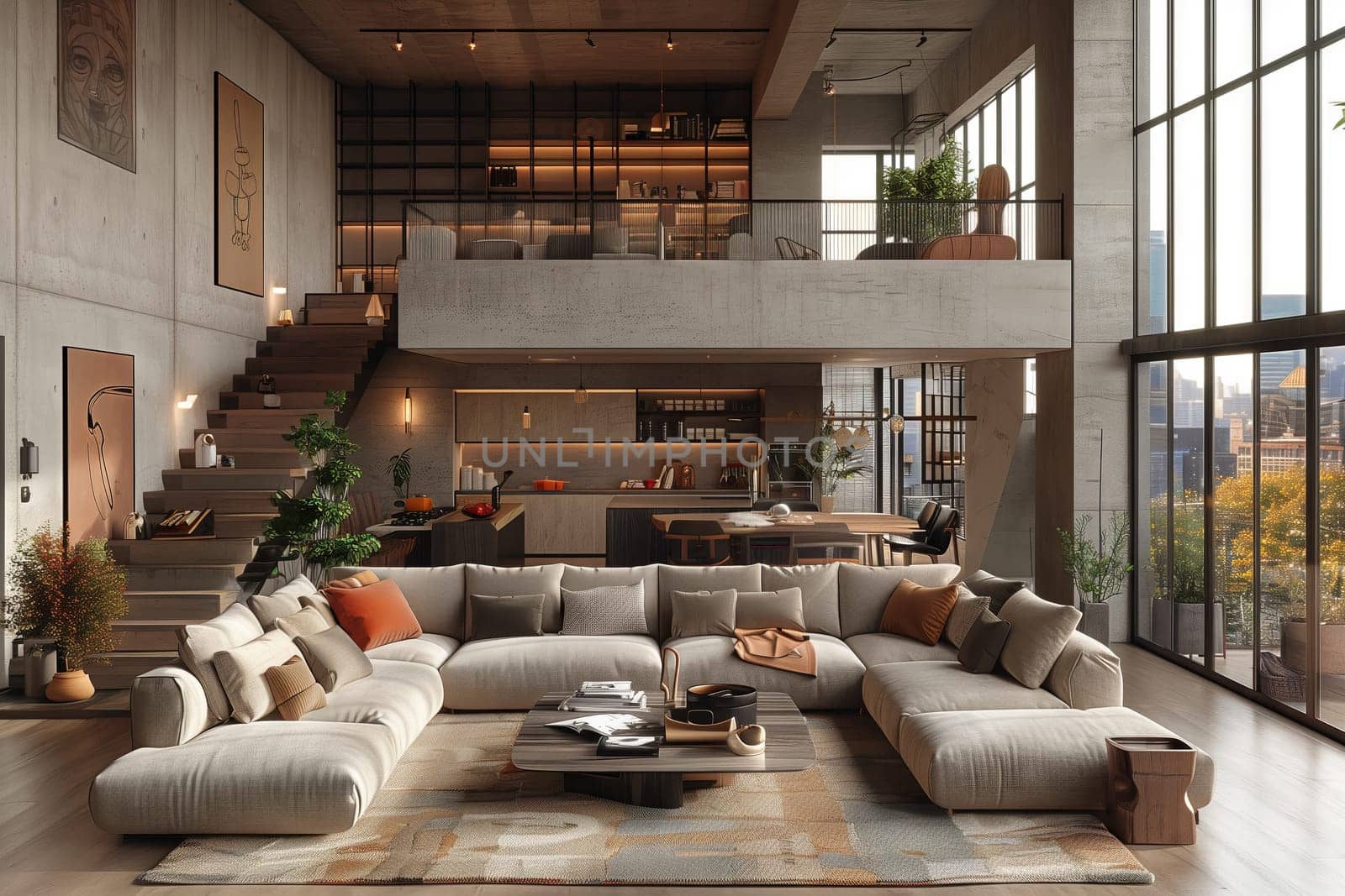A spacious living room in a house featuring a large sectional couch and wooden stairs leading to the second floor. Ideal for interior design enthusiasts and real estate buyers
