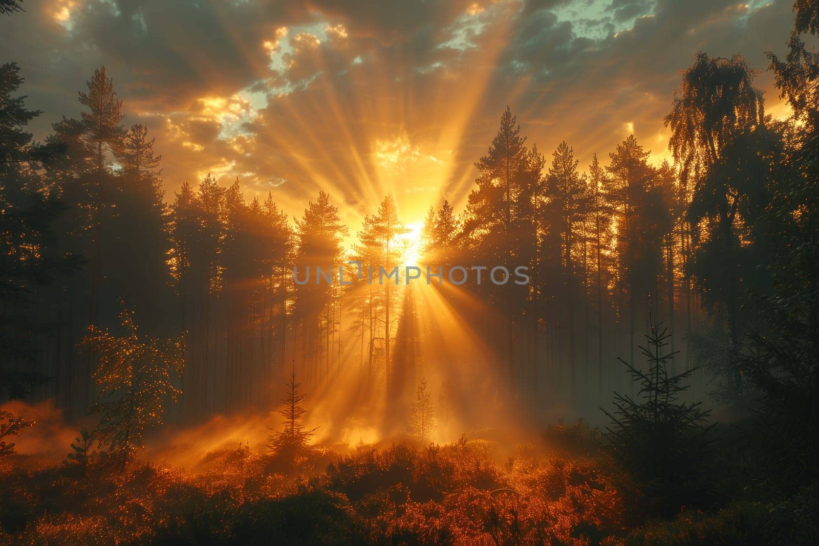 Sunlight filters through the forest trees, creating a stunning natural landscape with a vibrant atmosphere. The sky is clear with a few fluffy clouds, enhancing the beauty of the wood