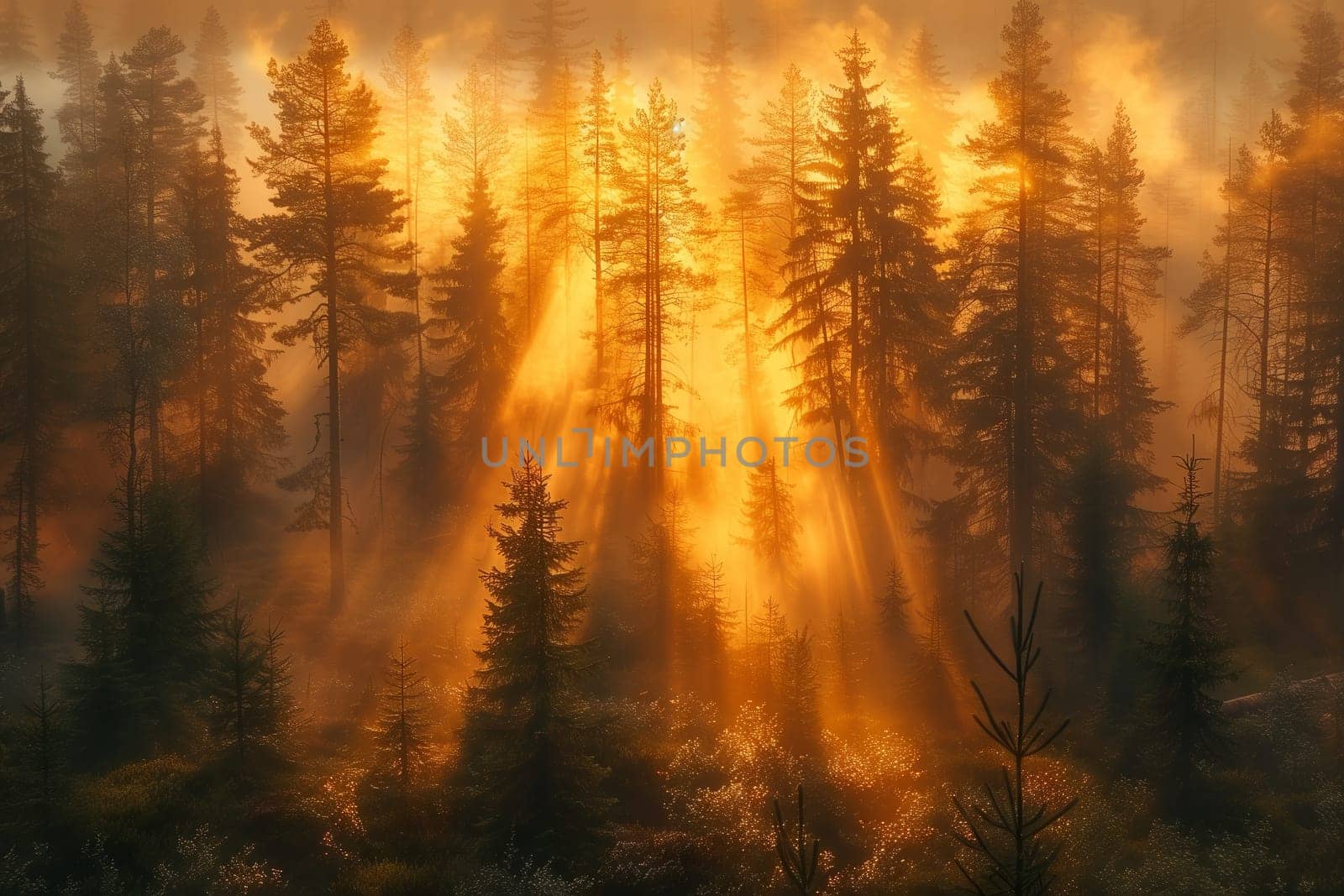 The suns rays are illuminating the forest trees, creating a warm atmosphere in the natural landscape. The light shines through the leaves and branches, casting beautiful shadows on the forest floor