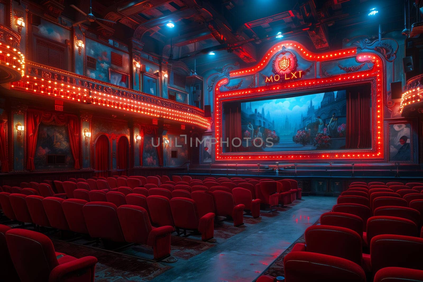 A performing arts center with an empty theater featuring electric blue and magenta seats, a large screen, and dim lighting creating a mysterious atmosphere