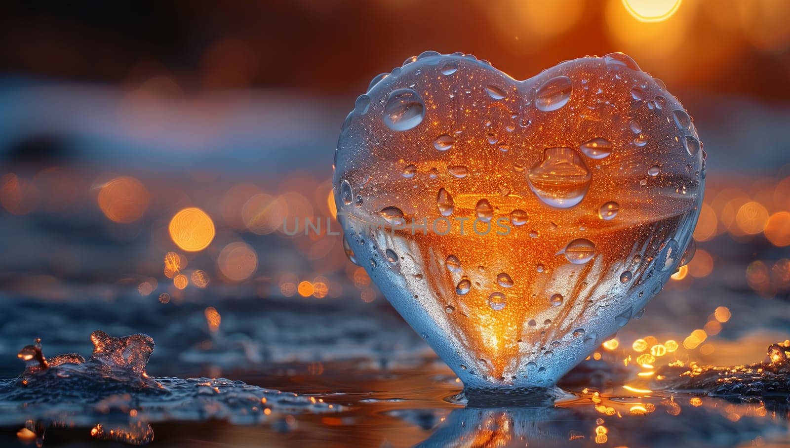 An electric blue heartshaped ice sculpture with water drops is floating in the fluid natural landscape, creating a stunning art piece in the world of liquid organisms