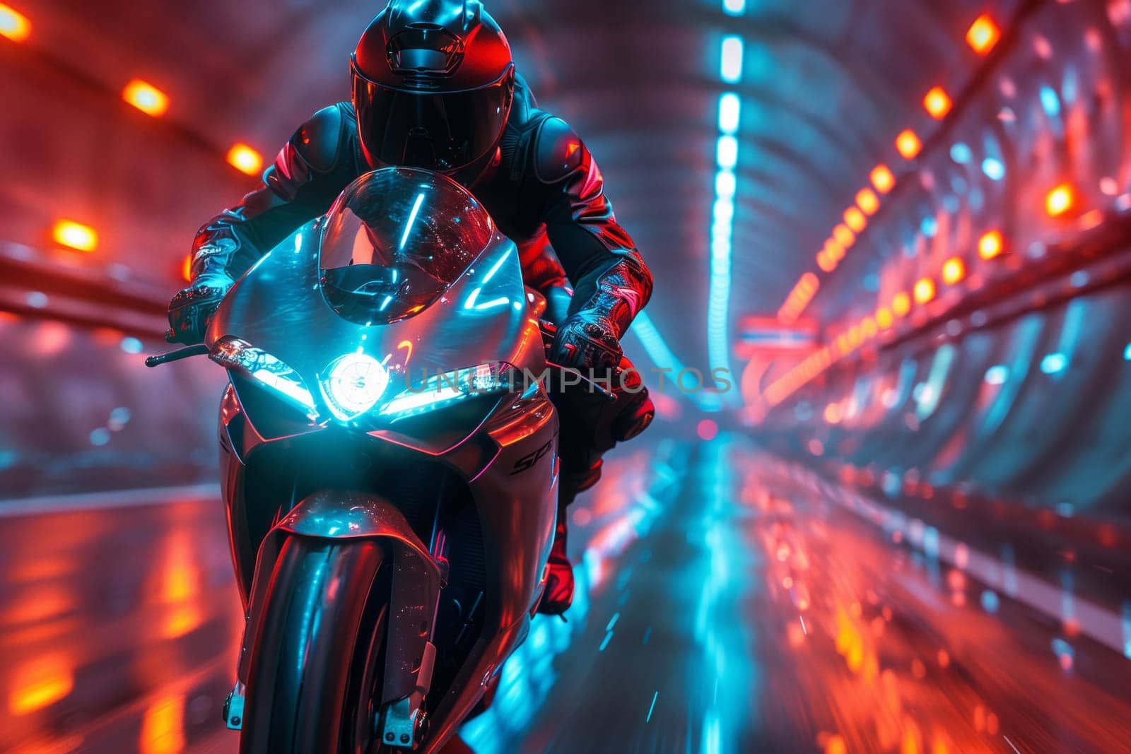 A fictional character is performing arts on a motorcycle through a dark tunnel at night, surrounded by electric blue and magenta CG artwork graphics, creating a carmine effect