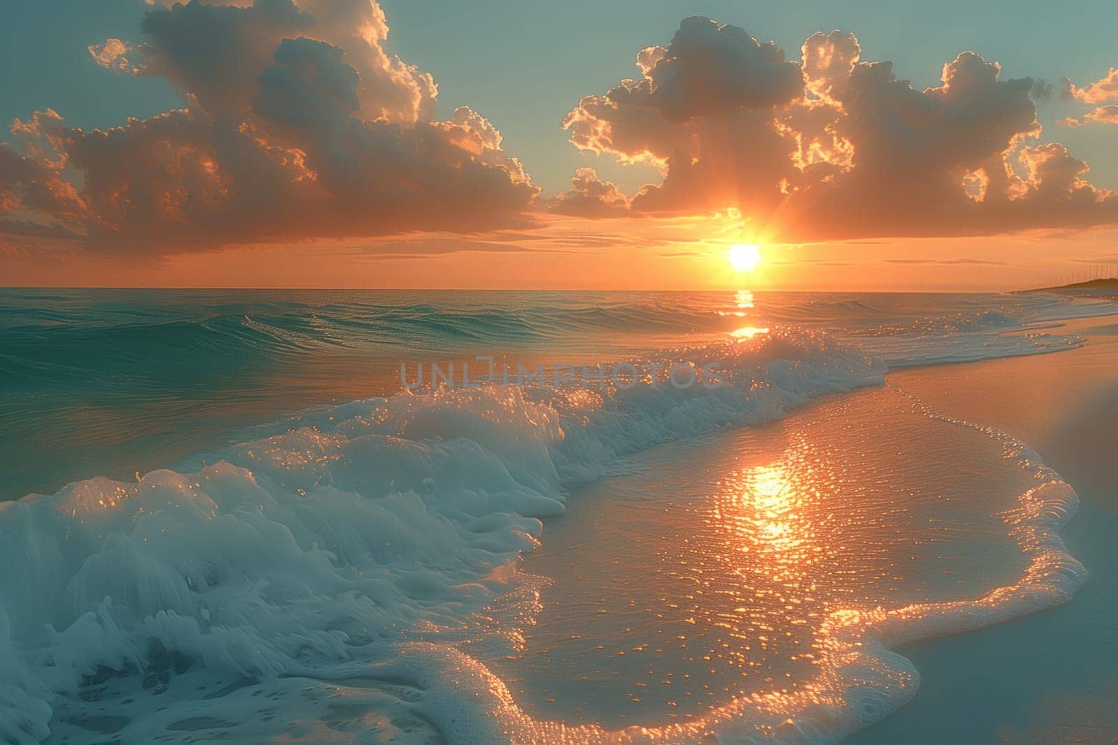 As the sun sets over the ocean, the waves crash onto the beach, creating a beautiful natural landscape with a colorful sky and calming liquid water