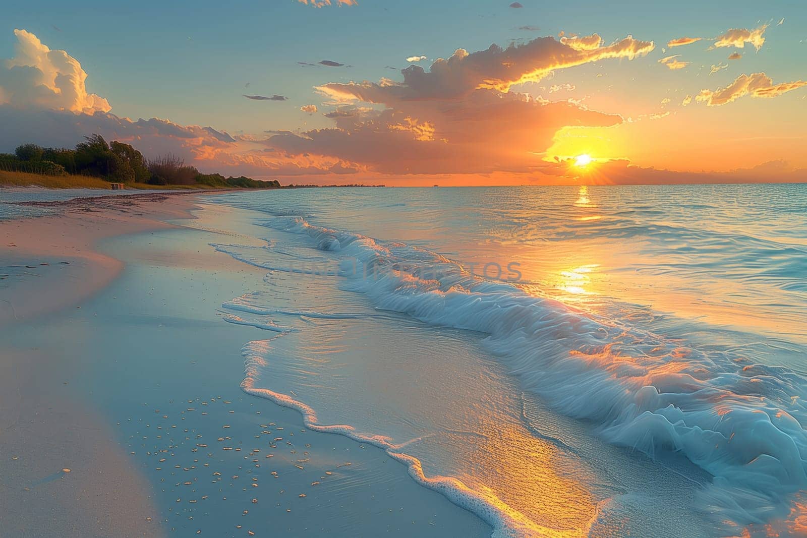 The sun is setting, casting an orange and pink afterglow over the ocean. Waves crash onto the sandy beach under a colorful sky full of clouds