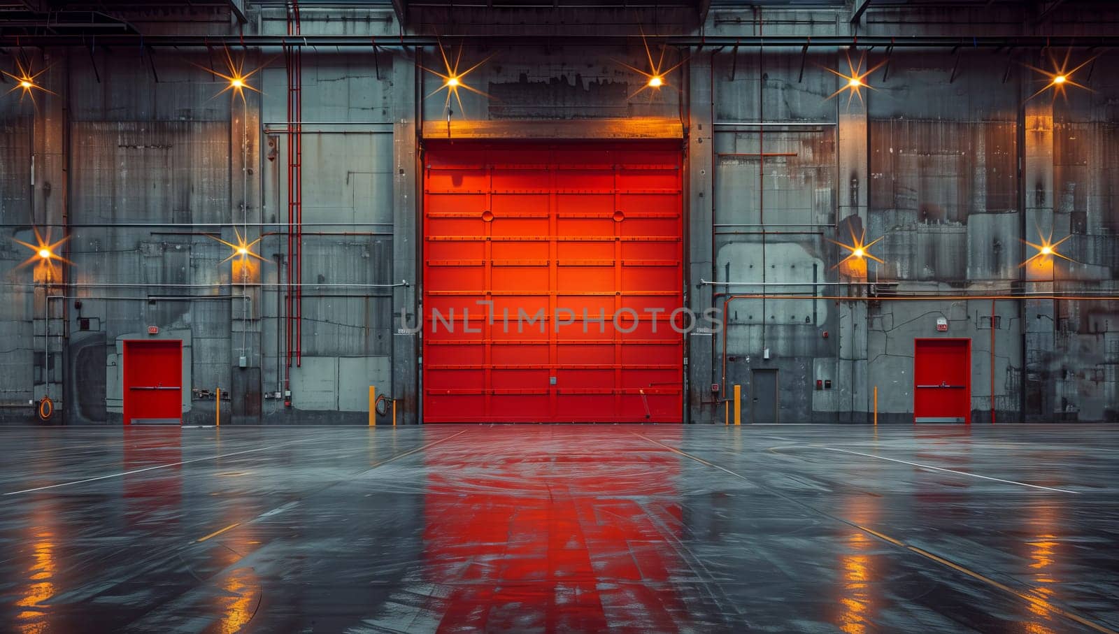 A spacious warehouse featuring a red garage door, automotive lighting fixtures, tinted windows, and a water event area. The flooring includes various tints and shades