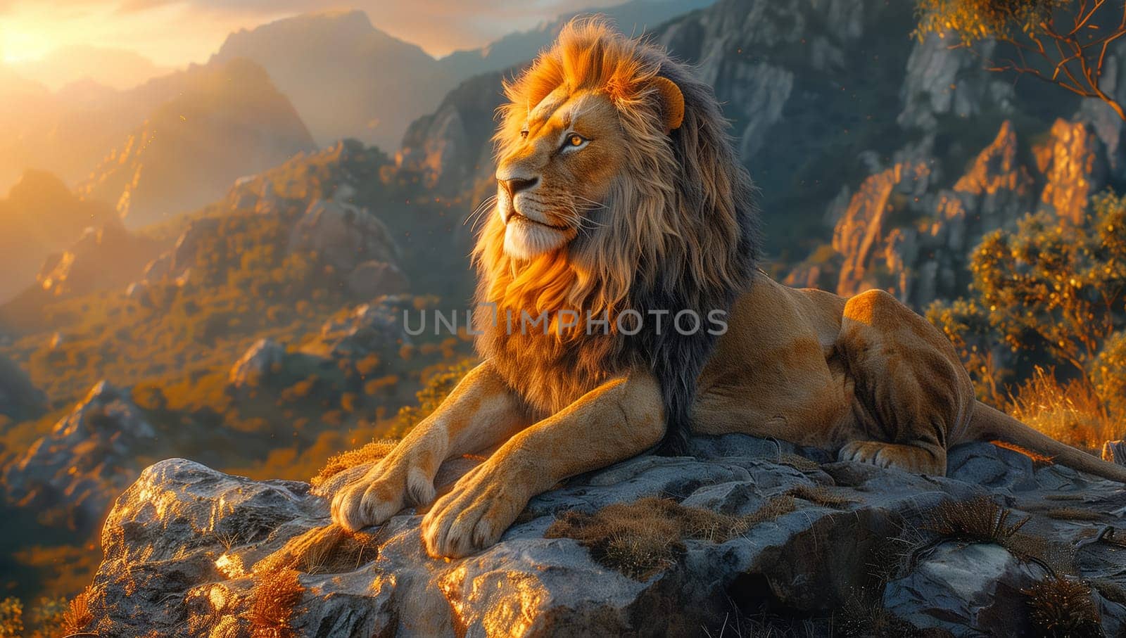 A Felidae carnivore, the lion, is depicted sitting on a rock in the mountains in a painting. This majestic big cat belongs to the Terrestrial animal group