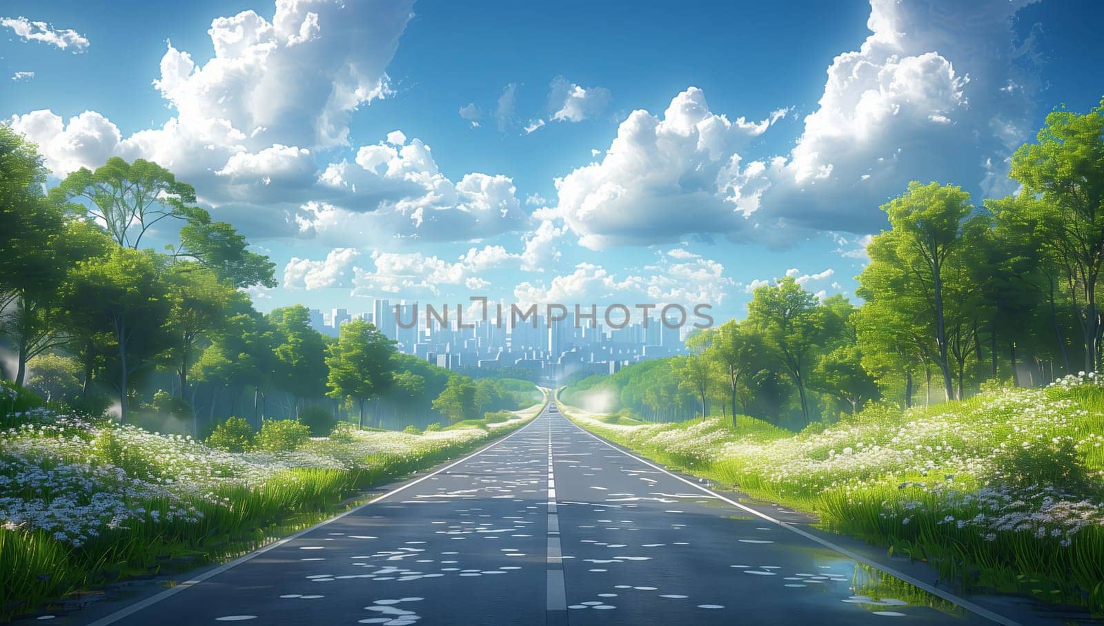 A road surface paved with asphalt cuts through a lush green field with trees on both sides, creating a natural landscape under a clear blue sky