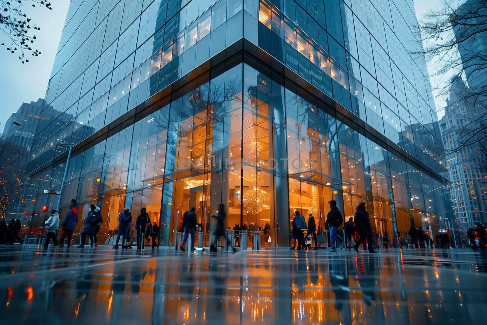 A group of individuals is strolling in front of a towering commercial building in the city, admiring its sleek glass facade and symmetry