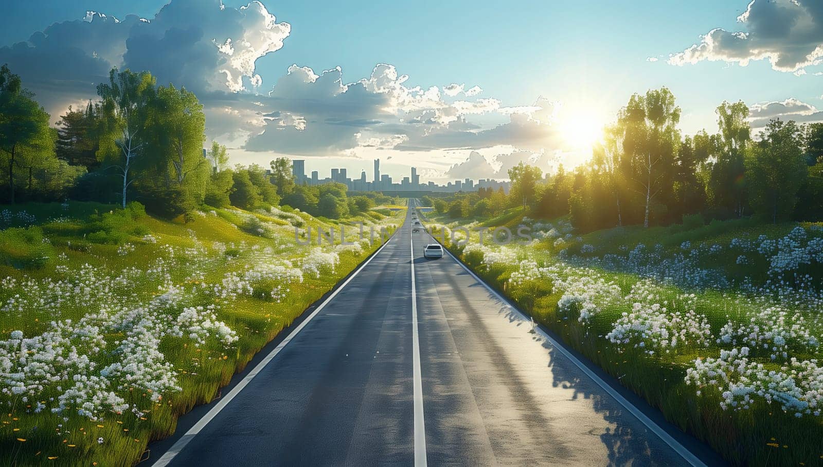 A car is cruising down an asphalt road in the countryside surrounded by natural landscape with clouds in the sky at sunset