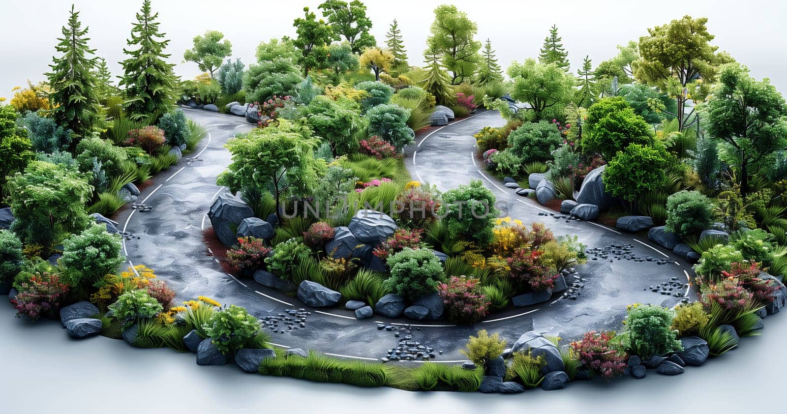 An urban design featuring a winding road lined with trees, rocks, and terrestrial plants, creating a natural landscape in the midst of real estate developments