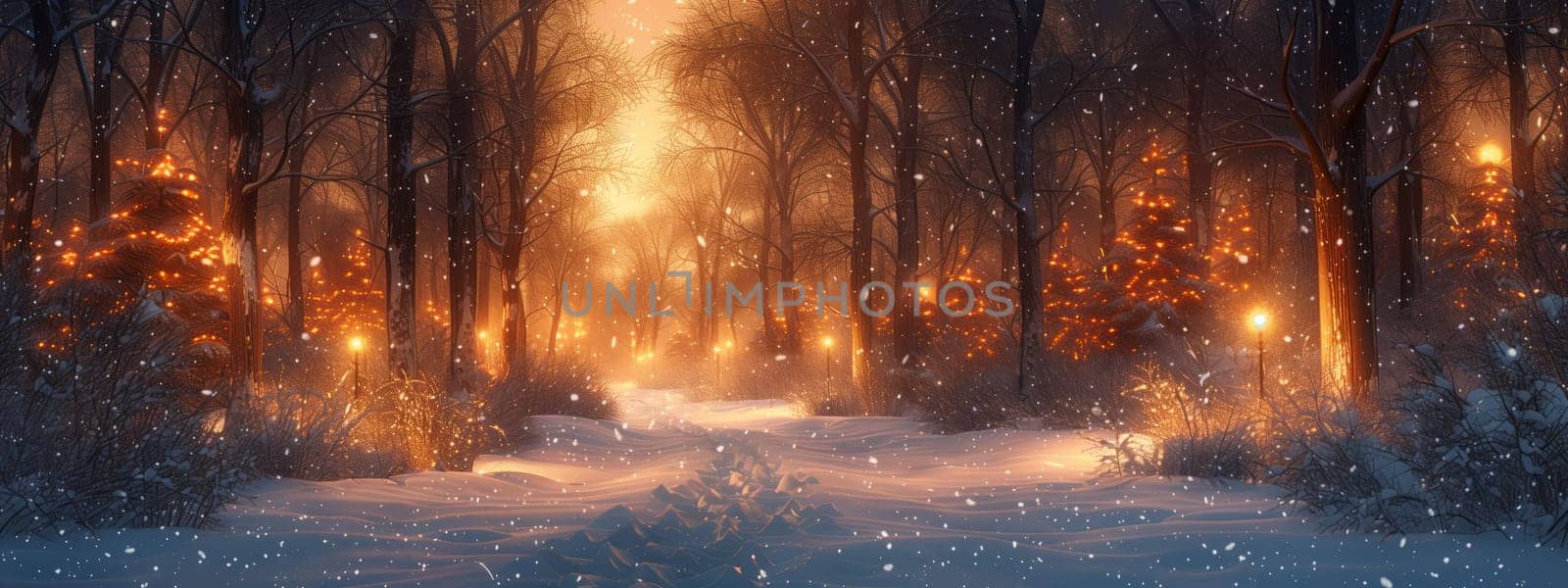 A picturesque scene of a trail winding through a snowy forest with Christmas trees against the sky. The natural landscape is like a painting, creating a magical atmosphere