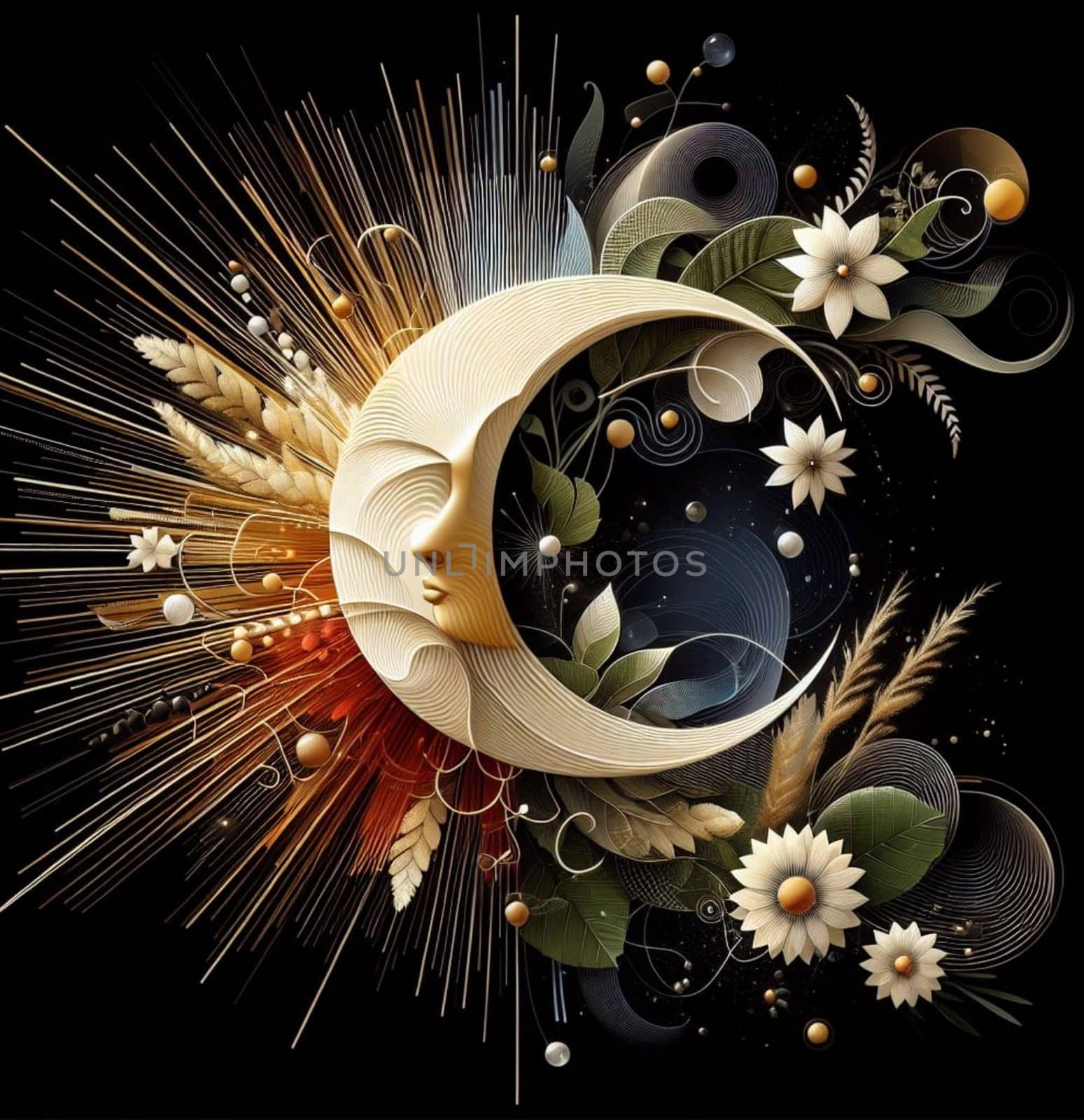 A large, glowing, flowery moon with a star in the center. The moon is surrounded by a variety of flowers and plants, creating a whimsical and dreamy atmosphere