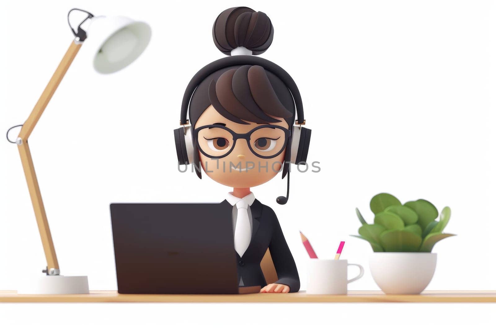 young woman working with laptop and headphones, Customer support, 3d illustration.