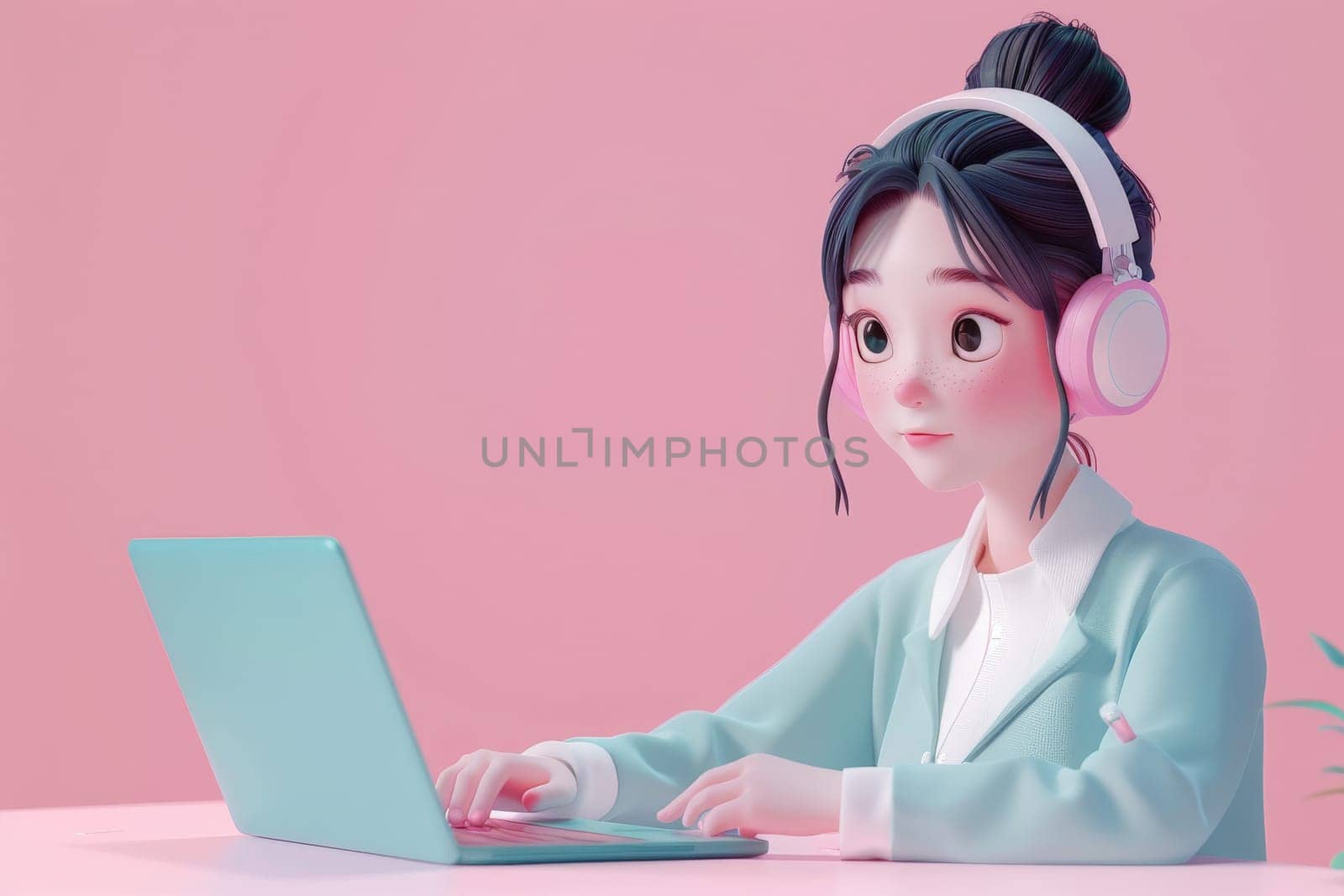 young woman working with laptop and headphones, Customer support, 3d illustration.