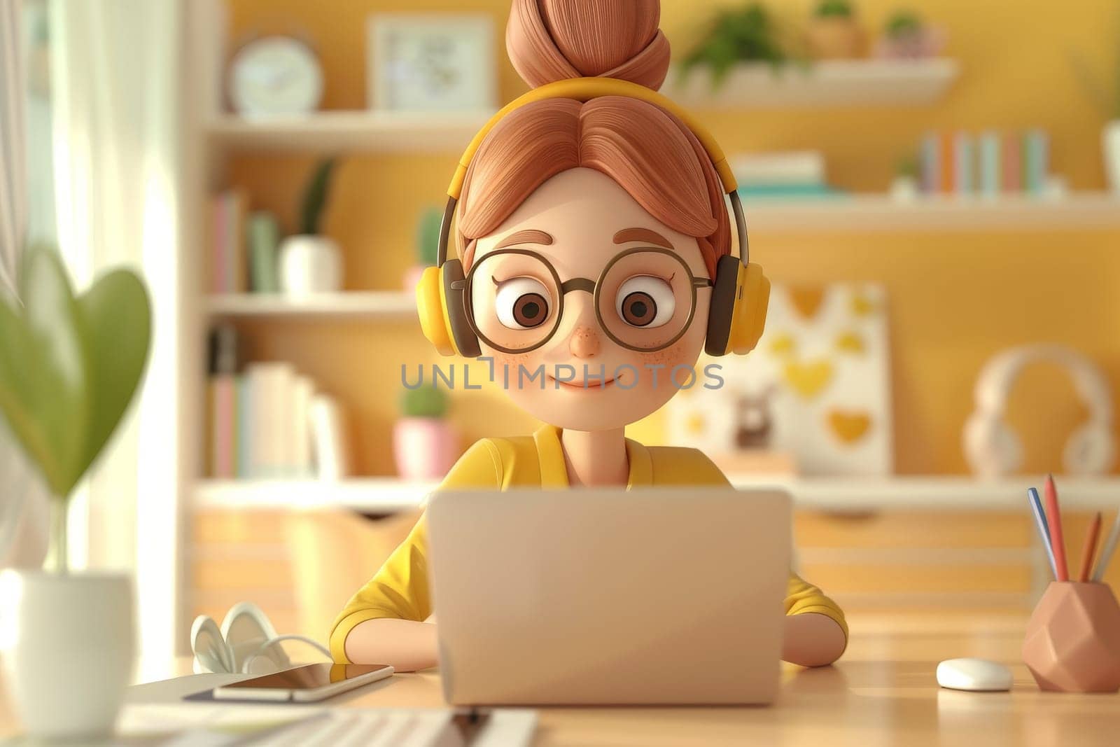 young woman working with laptop and headphones, Customer support, 3d illustration.