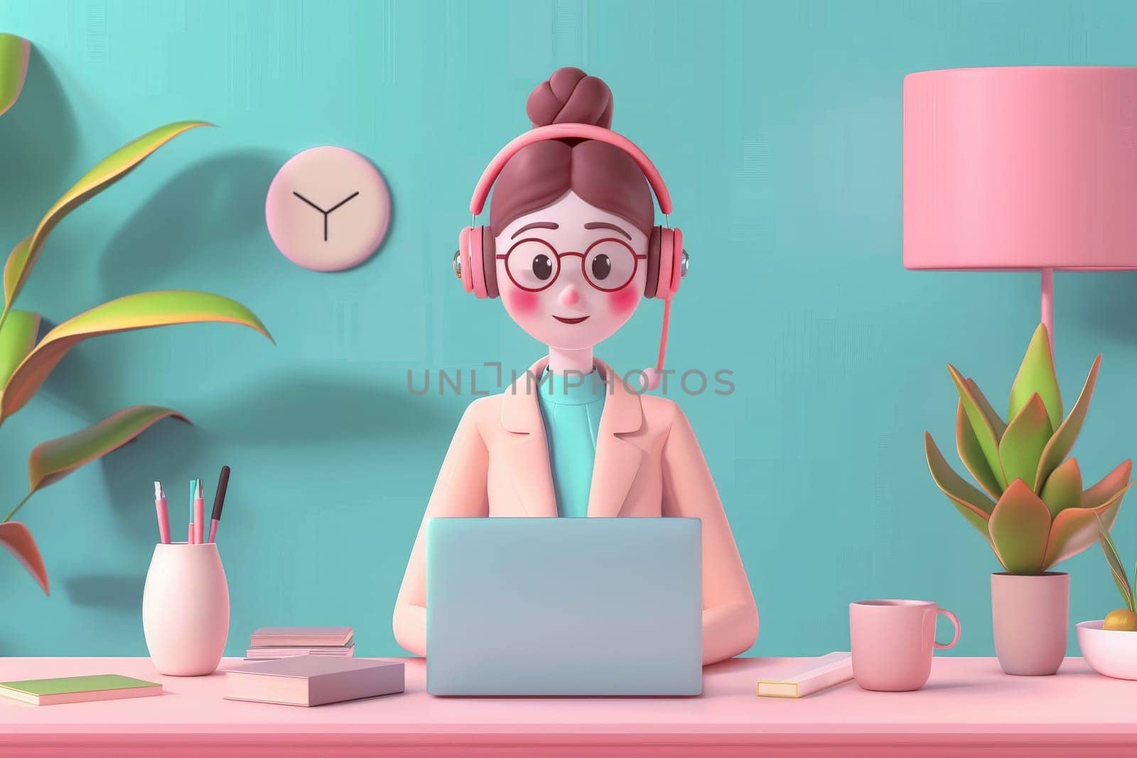 young woman working with laptop and headphones, Customer support, 3d illustration.