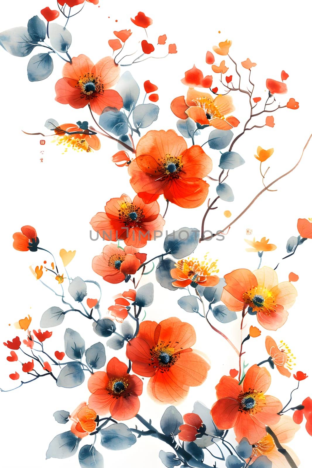 Vivid watercolor art of red flowers and blue leaves on a white background by Nadtochiy