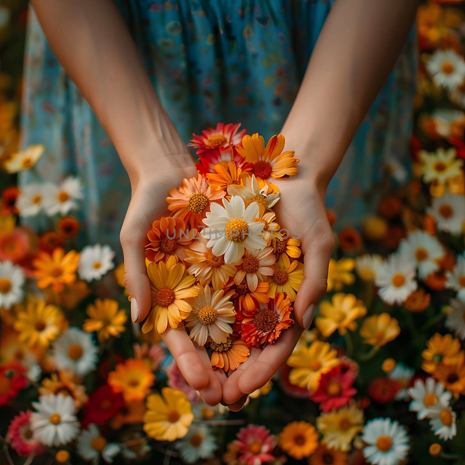 A woman happily holds a bouquet of orange flowers in her hands by Nadtochiy