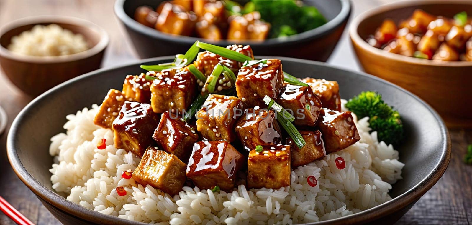 Rice, tofu, dinner. Tso s sesame tofu, rice, dinner. Glazed tofu cubes on rice, garnished with sesame seeds, green onions in bowl on wooden table