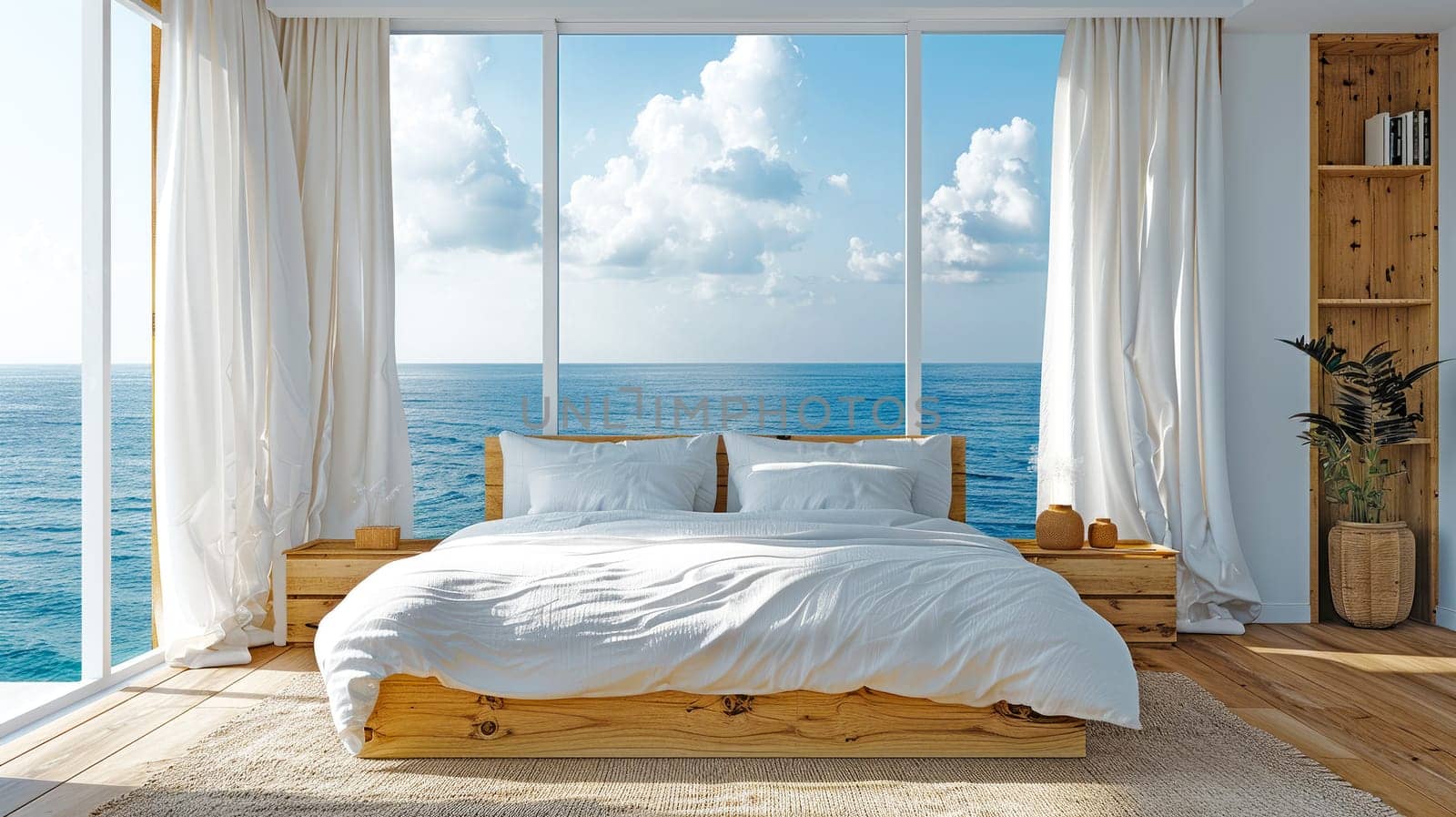 Minimalist bedroom interior with ocean sea view. Modern coastal interior. Summer, travel, vacation, dreams holiday, resort.