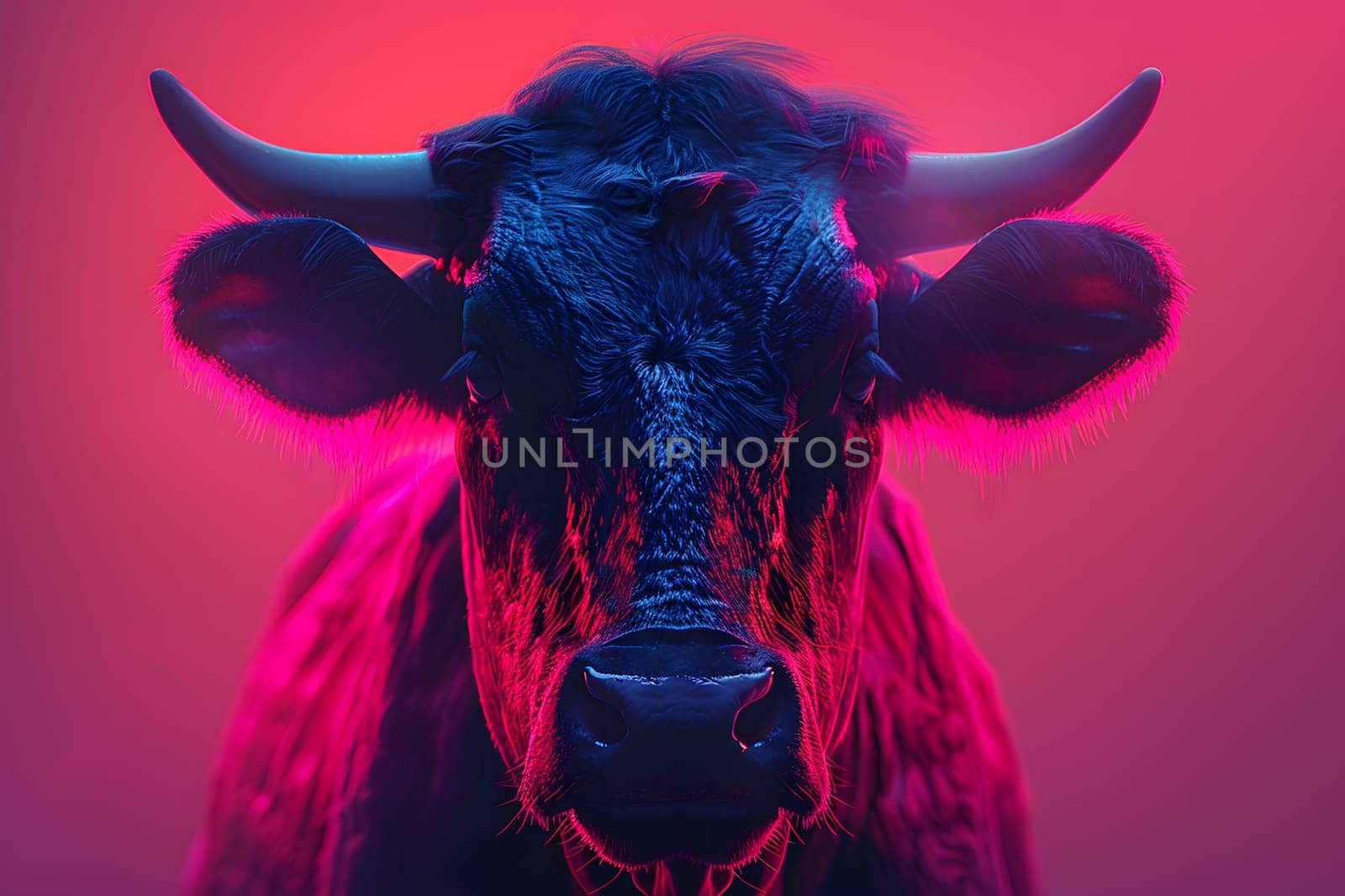 A close up of a bulls head with horns against a red background, showcasing this terrestrial animals powerful snout and striking features in shades of purple and magenta