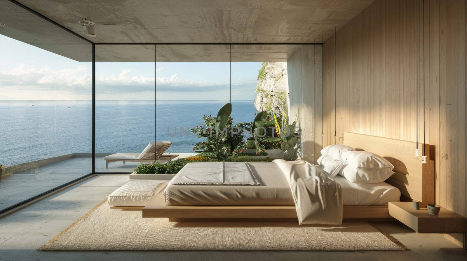 Minimalist bedroom interior with ocean sea view. Modern coastal interior. Summer, travel, vacation, dreams holiday, resort.